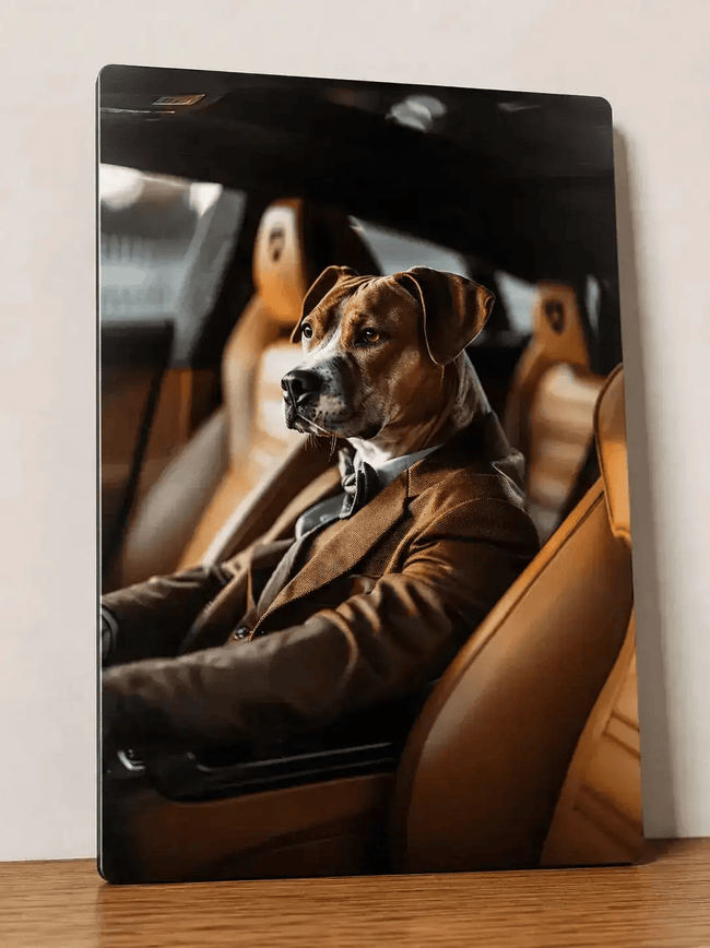 Plaque Métal Chien en Costume dans une Lamborghini - Décoration Humour