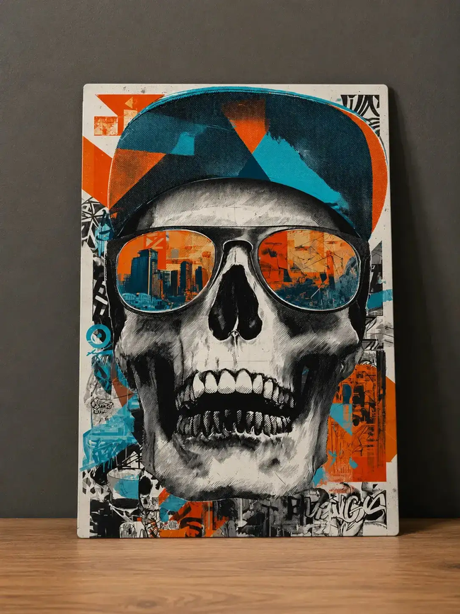 Affiche Métal Crâne Métallique Street Art – Urban Skull Décoration Murale A4