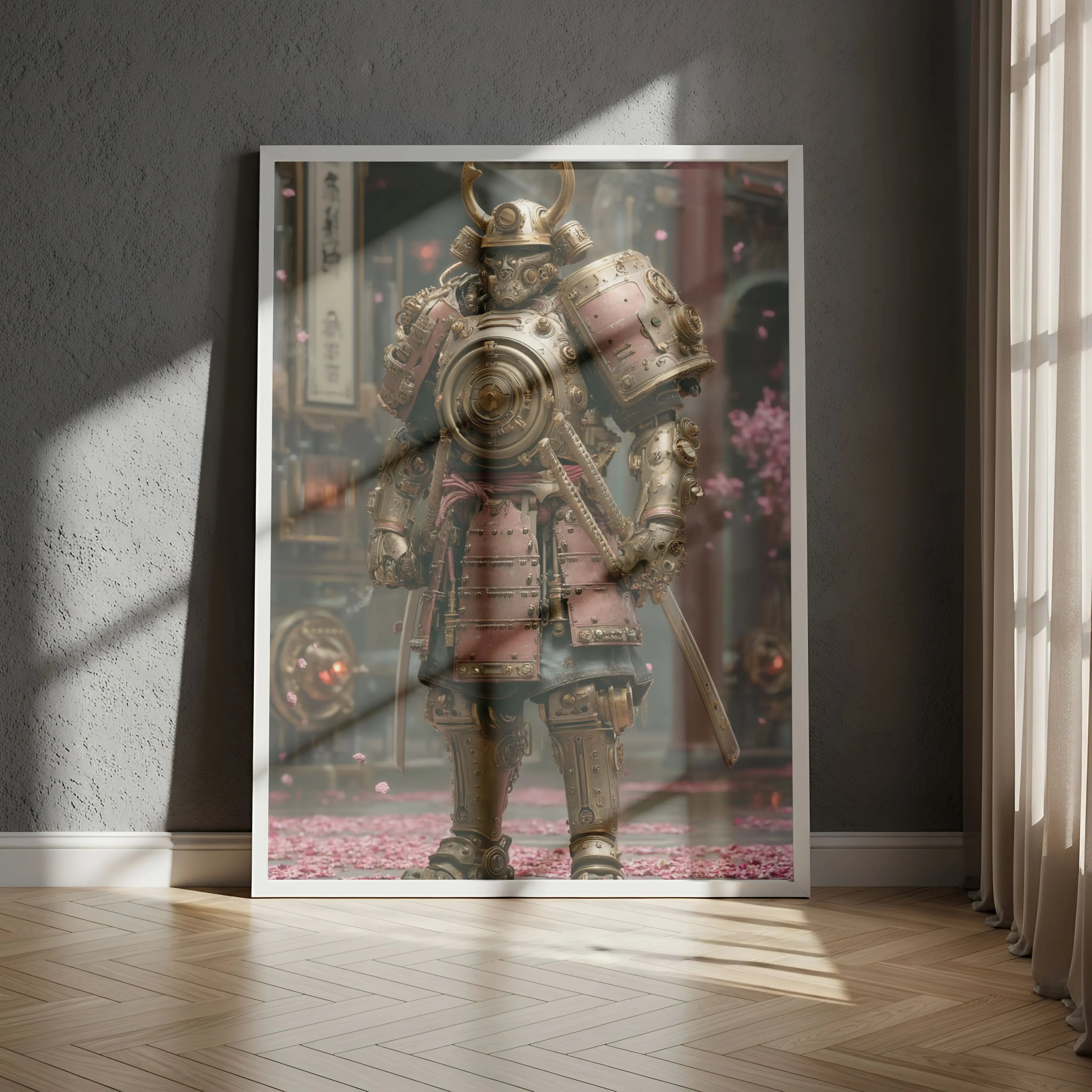 Affiche Métal Steampunk – Guerrier Doré & Temple Japonais A4 Ploy'Art
