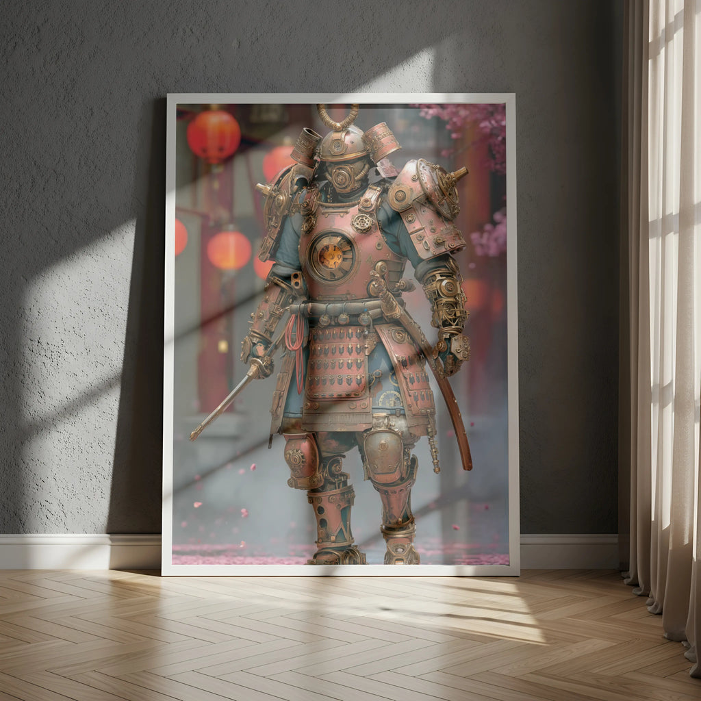 Affiche Métal Steampunk – Samouraï Mécanique & Cerisiers Japonais A4