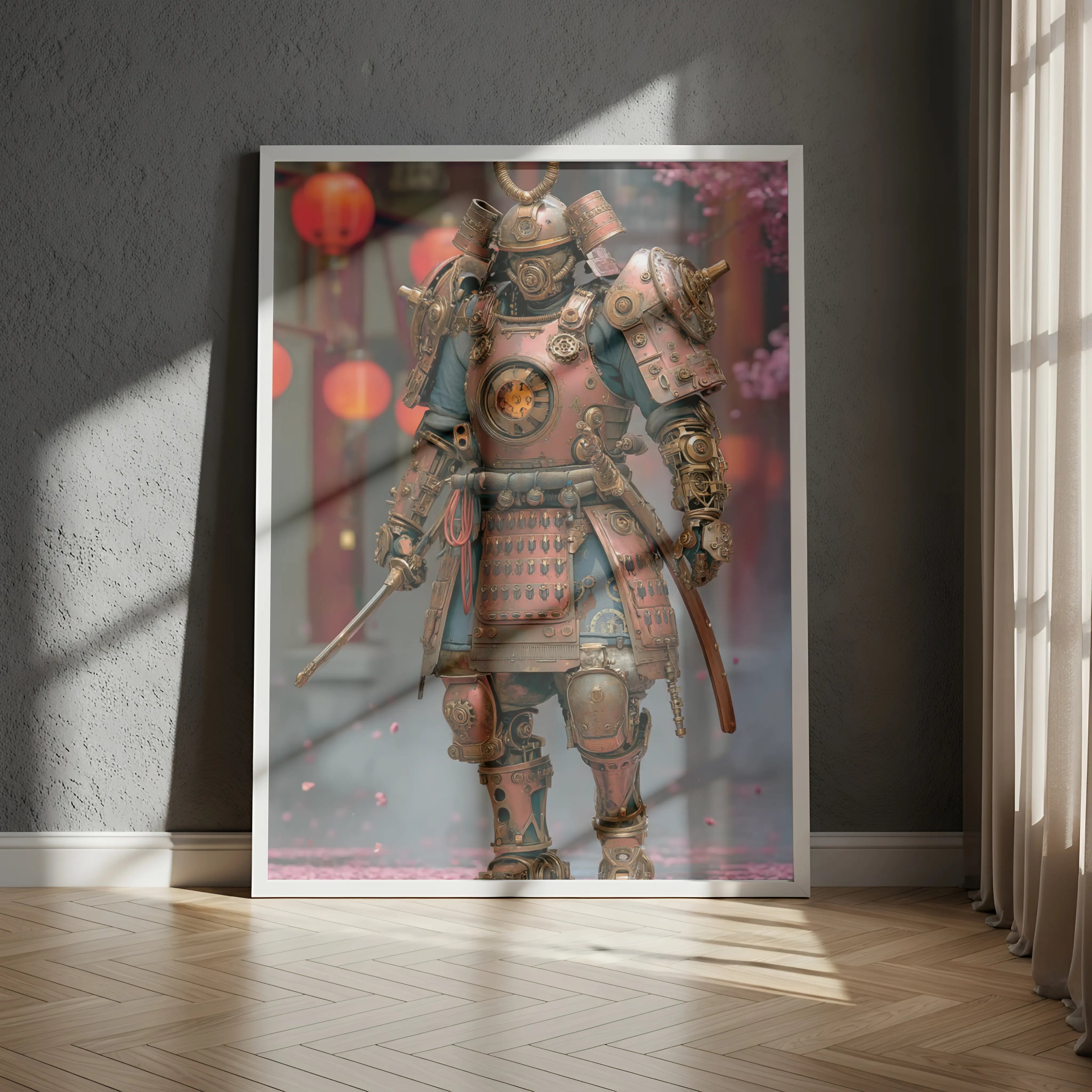Affiche Métal Steampunk – Samouraï Mécanique & Cerisiers Japonais A4
