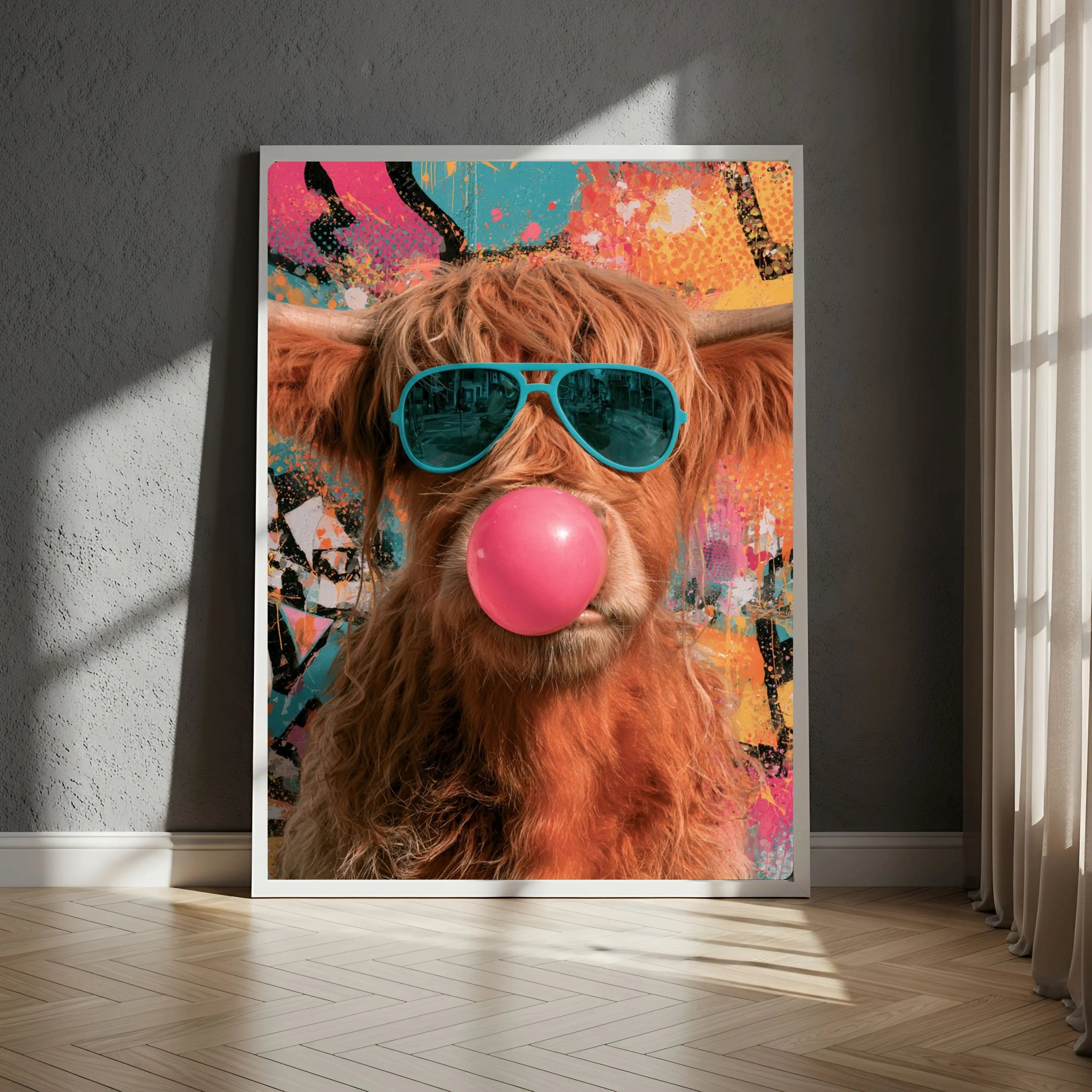 Affiche Métal Pop Art – Vache Highland Lunettes & Bulle de Chewing-Gum A4