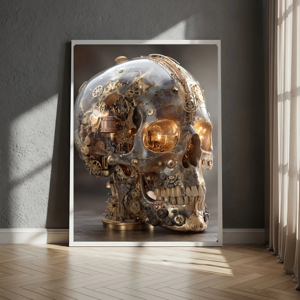 Affiche Métal Steampunk – Crâne Verre & Mécanique Intérieure A4 Ploy'Art