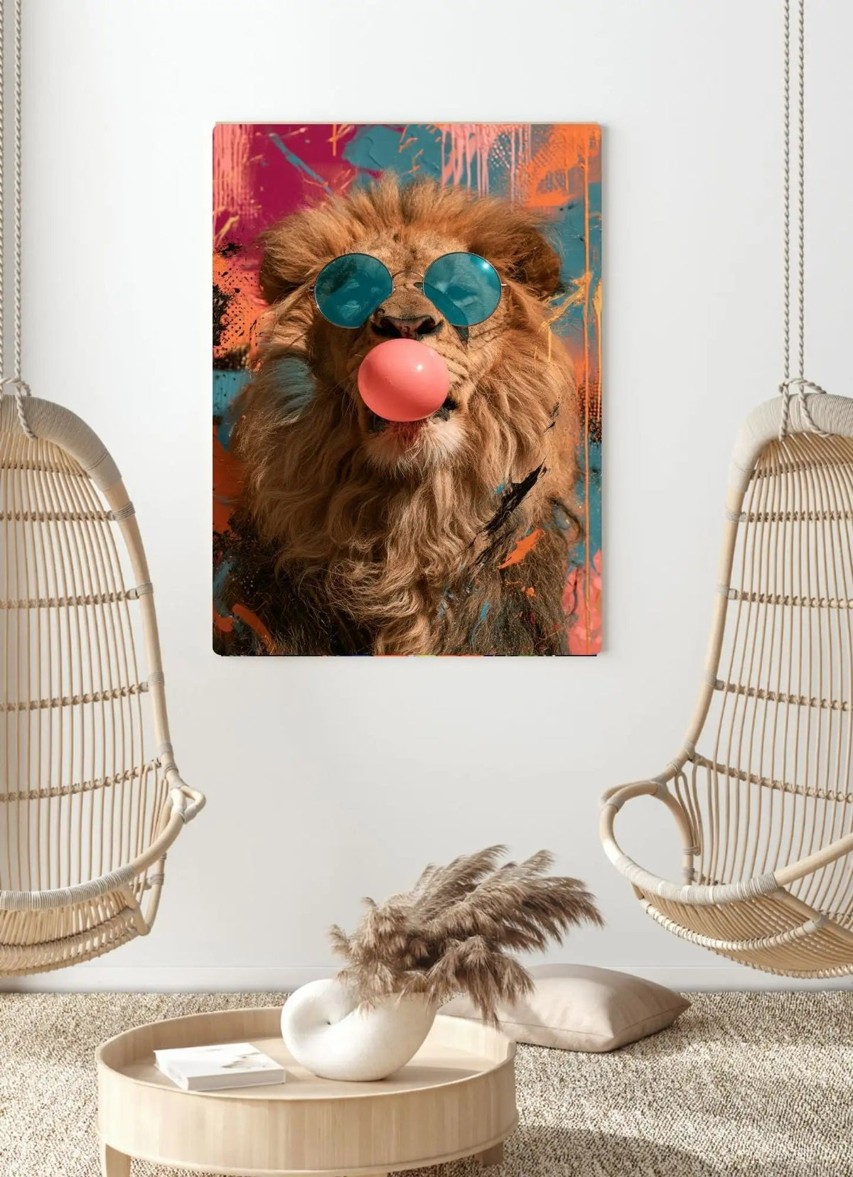 Affiche Métal Pop Art – Lion Lunettes Bleues & Bulle de Chewing-Gum A4