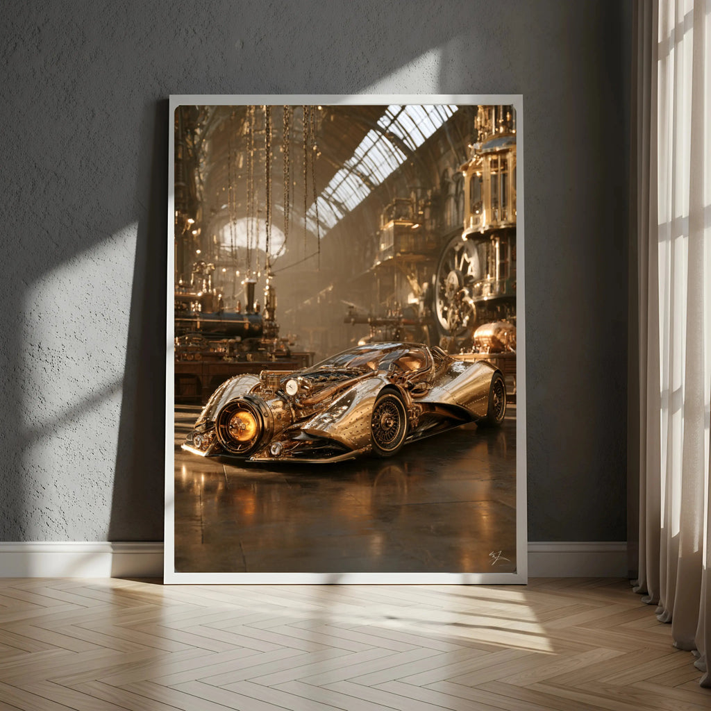 Affiche Métal Steampunk – Voiture Dorée & Atelier Victorien A4 Ploy'Art