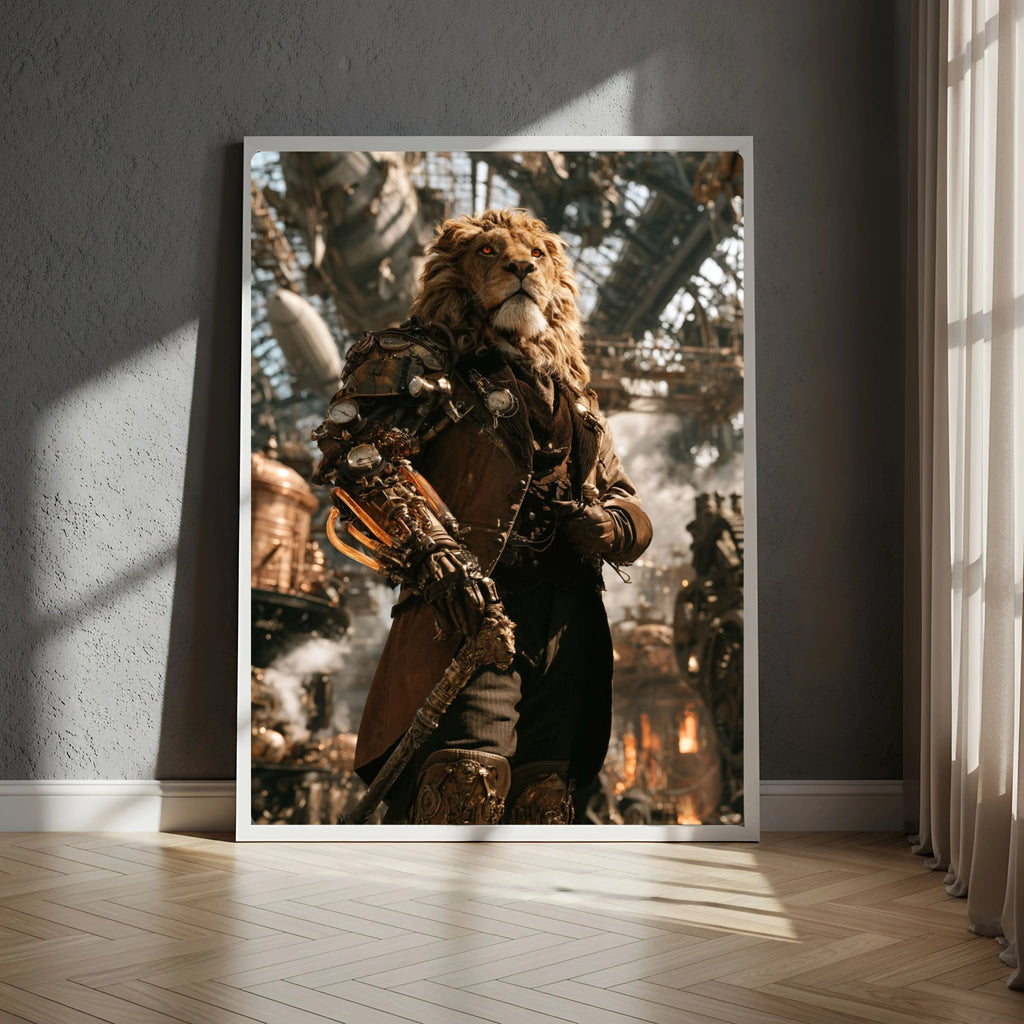 Affiche Métal Steampunk – Lion Capitaine & Hangar en Feu A4 Ploy'Art