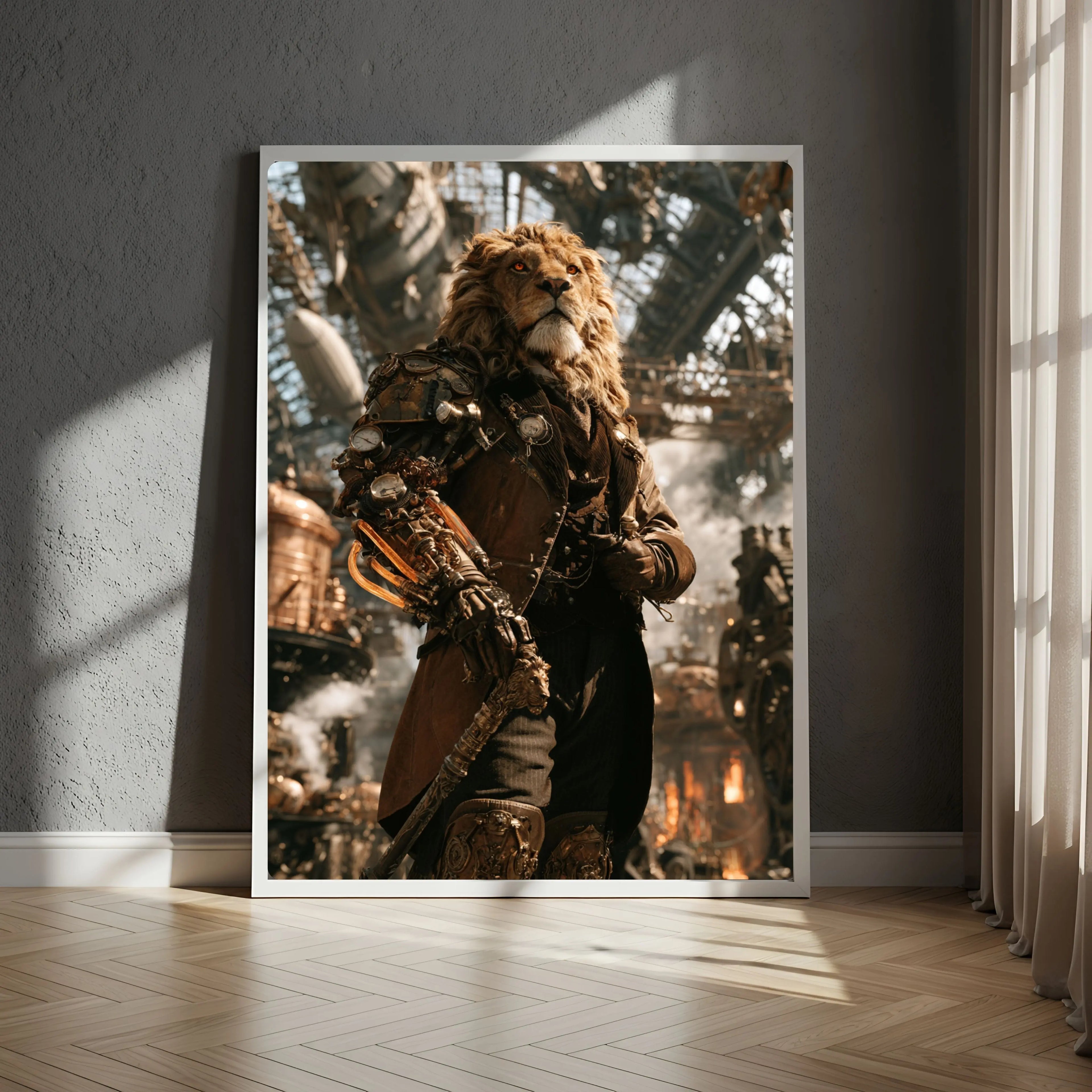Affiche Métal Steampunk – Lion Capitaine & Hangar en Feu A4 Ploy'Art