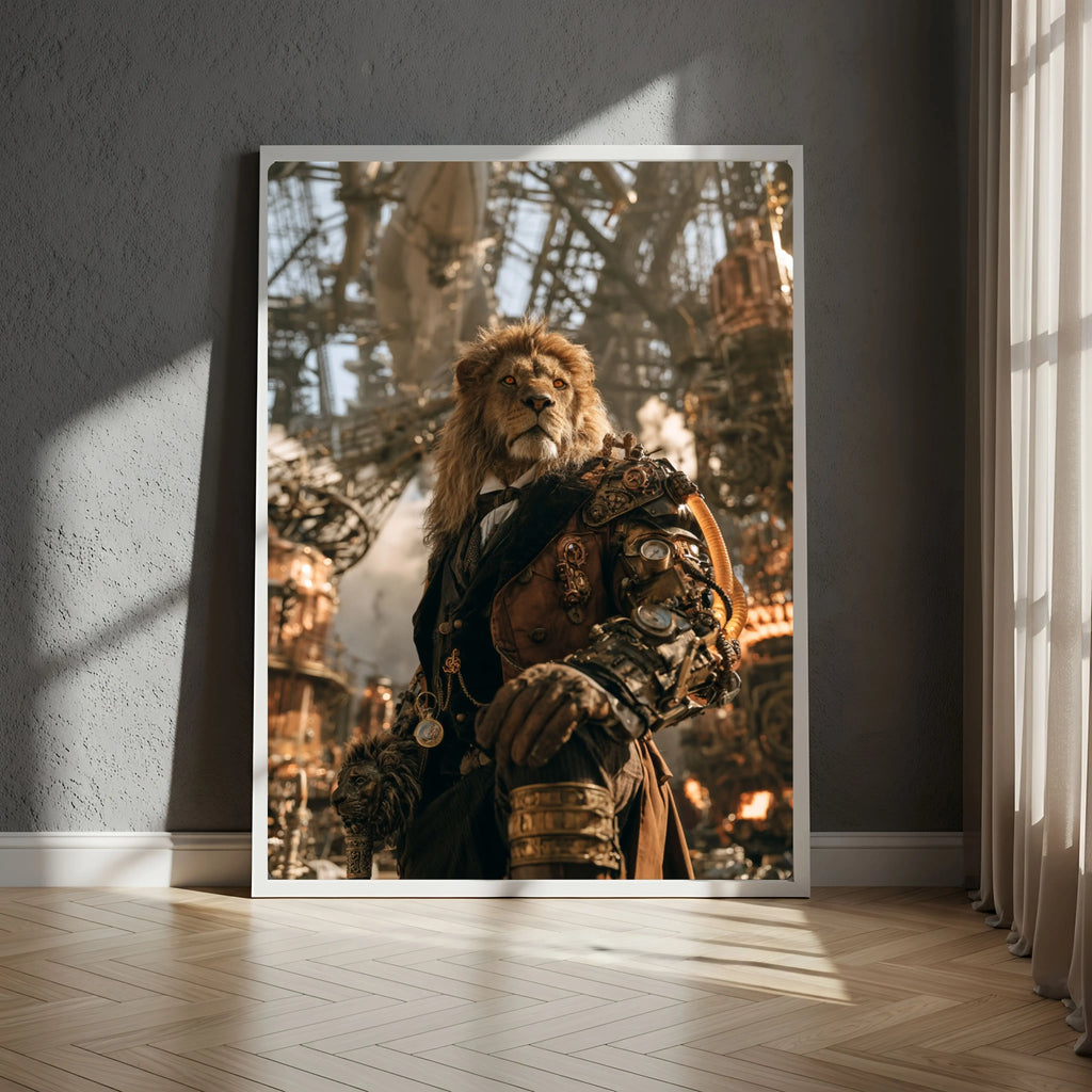 Affiche Métal Steampunk – Lion Gentleman Victorien & Bras Mécanique A4 Ploy'Art