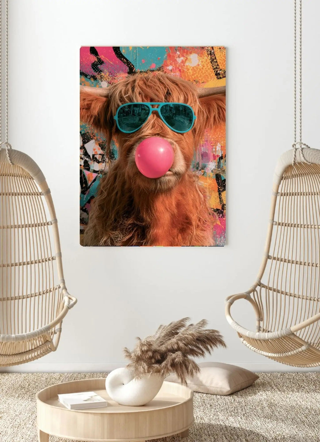Affiche Métal Pop Art – Vache Highland Lunettes & Bulle de Chewing-Gum A4