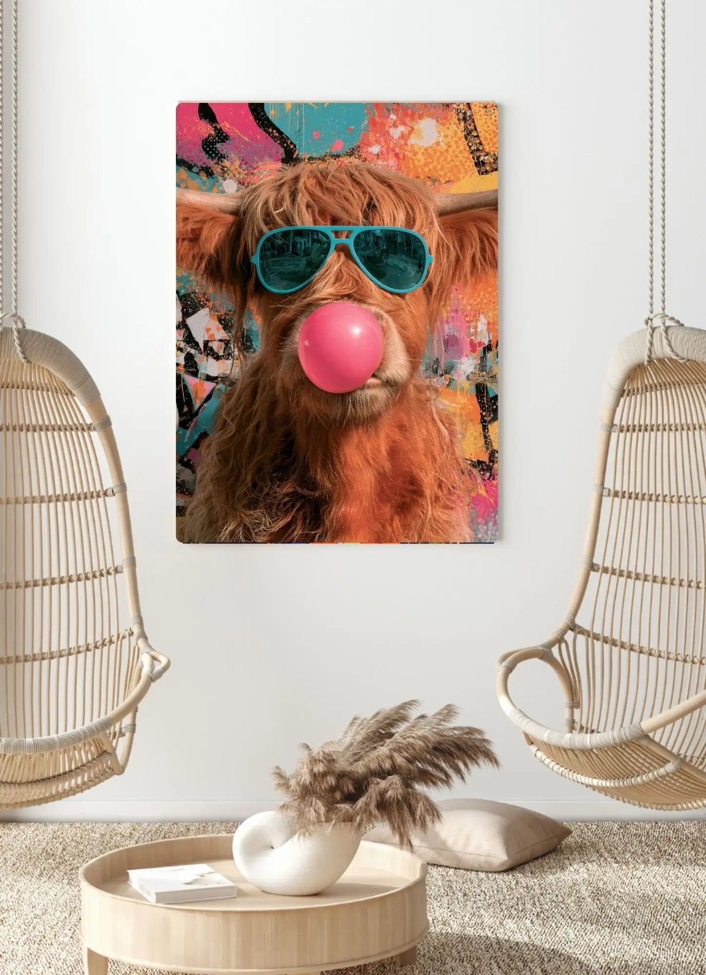 Affiche Métal Pop Art – Vache Highland Lunettes & Bulle de Chewing-Gum A4