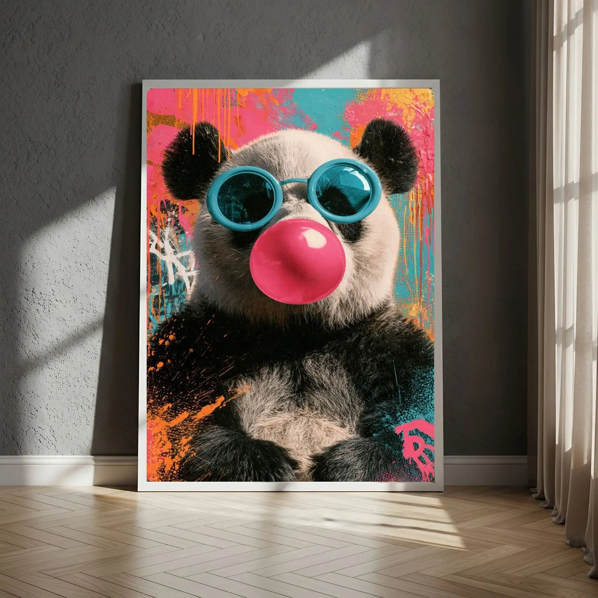 Affiche Métal Pop Art – Panda Lunettes Turquoise & Bulle Rose A4
