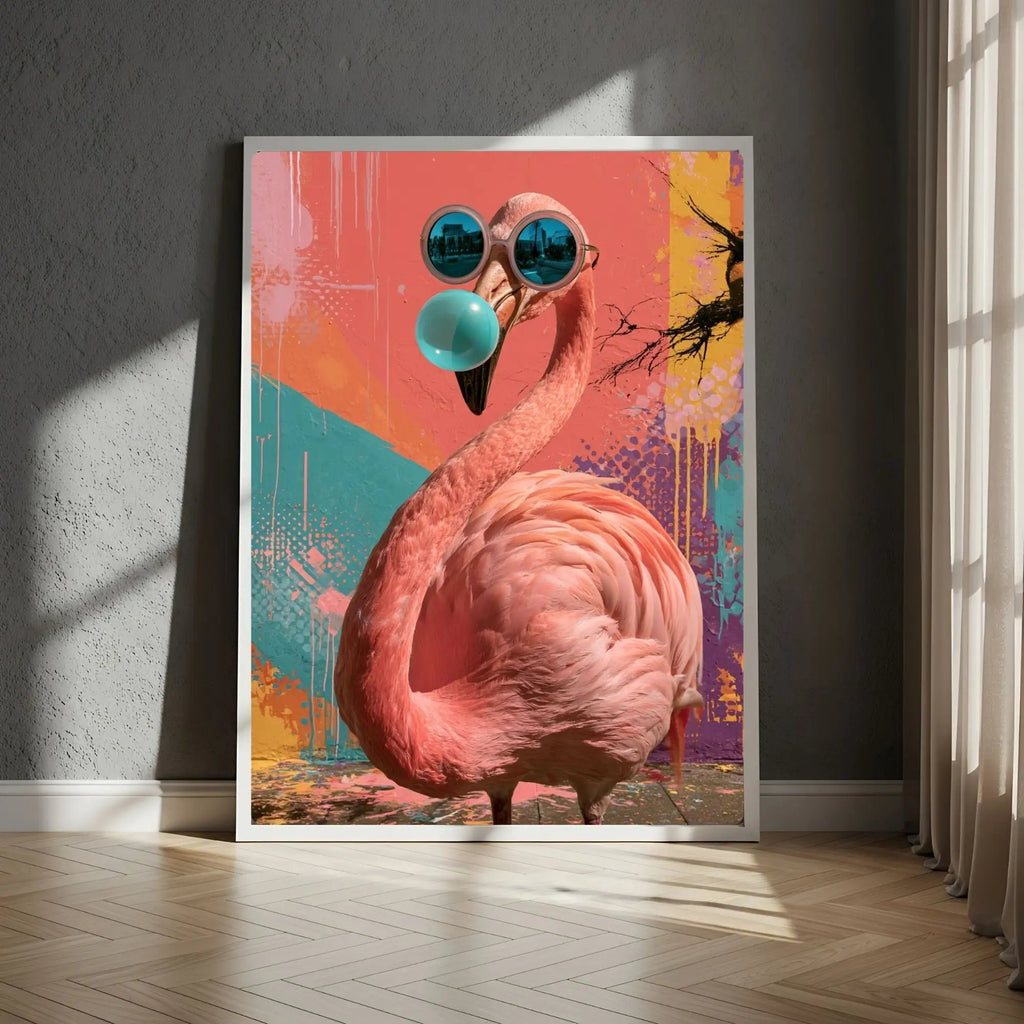 Affiche Métal Pop Art – Flamant Rose Lunettes & Bulle Turquoise A4