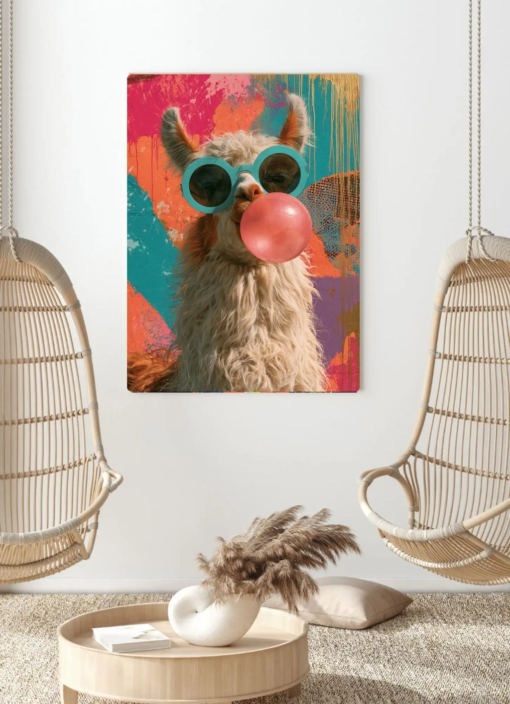 Affiche Métal Pop Art – Lama Lunettes Turquoise & Bulle de Chewing-Gum A4