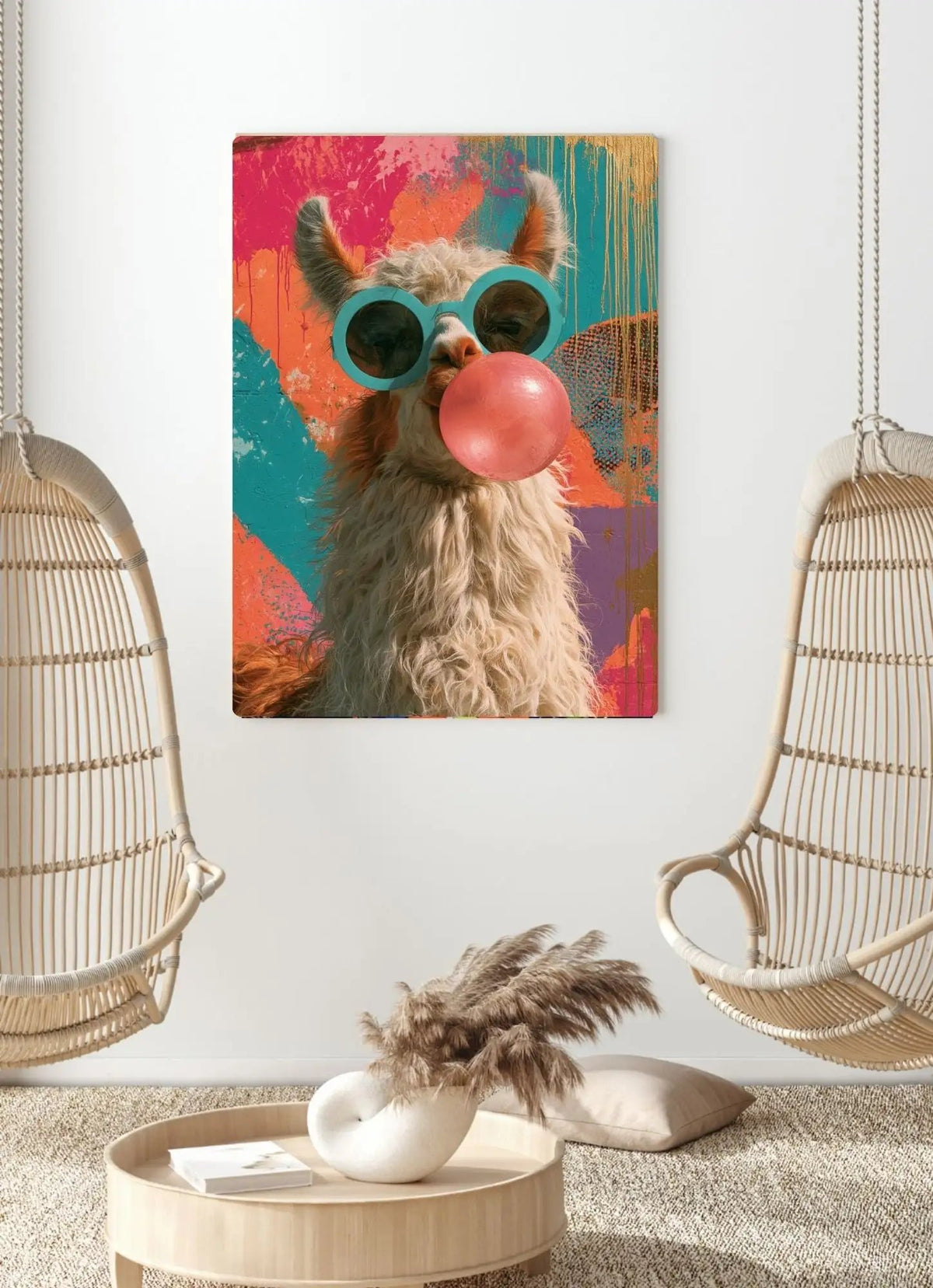 Affiche Métal Pop Art – Lama Lunettes Turquoise & Bulle de Chewing-Gum A4