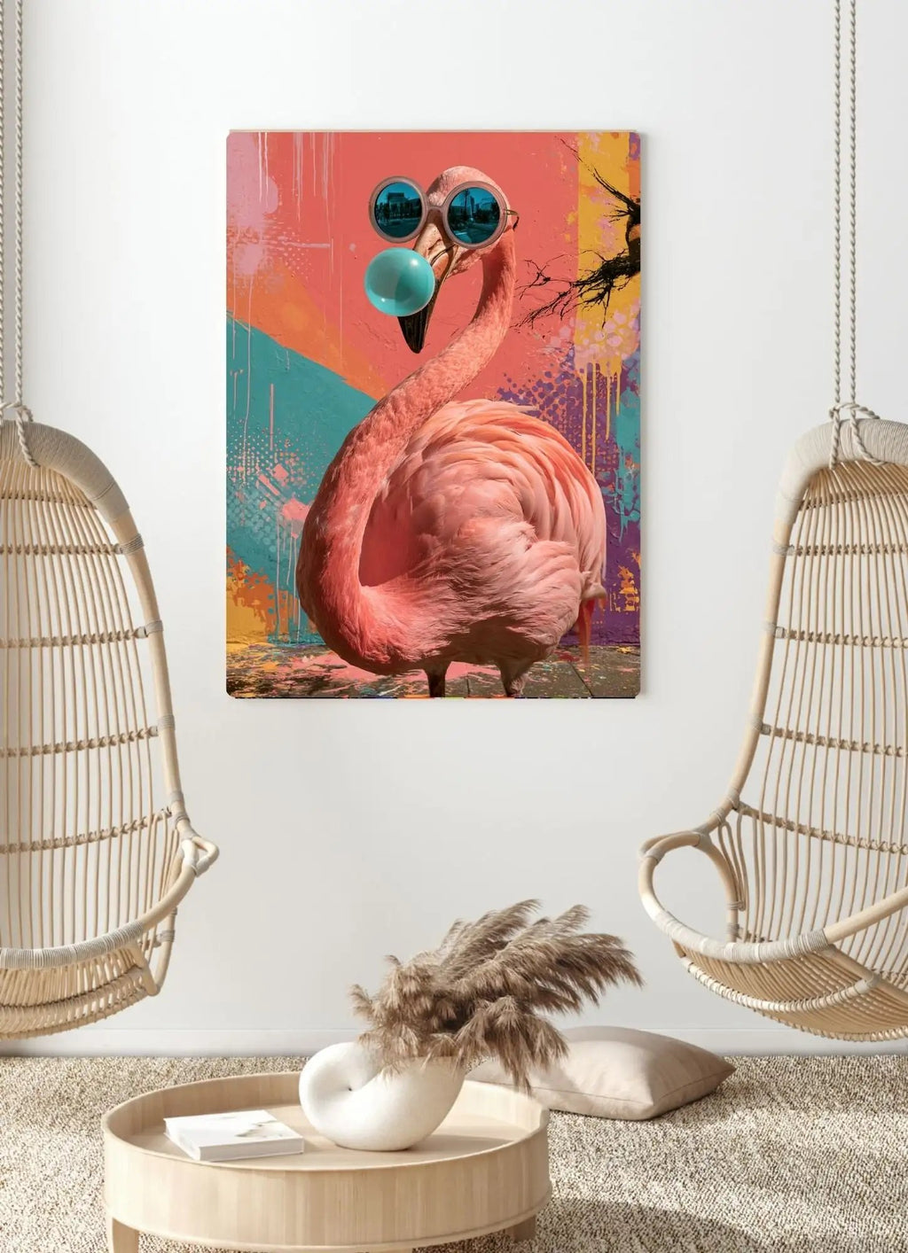 Affiche Métal Pop Art – Flamant Rose Lunettes & Bulle Turquoise A4