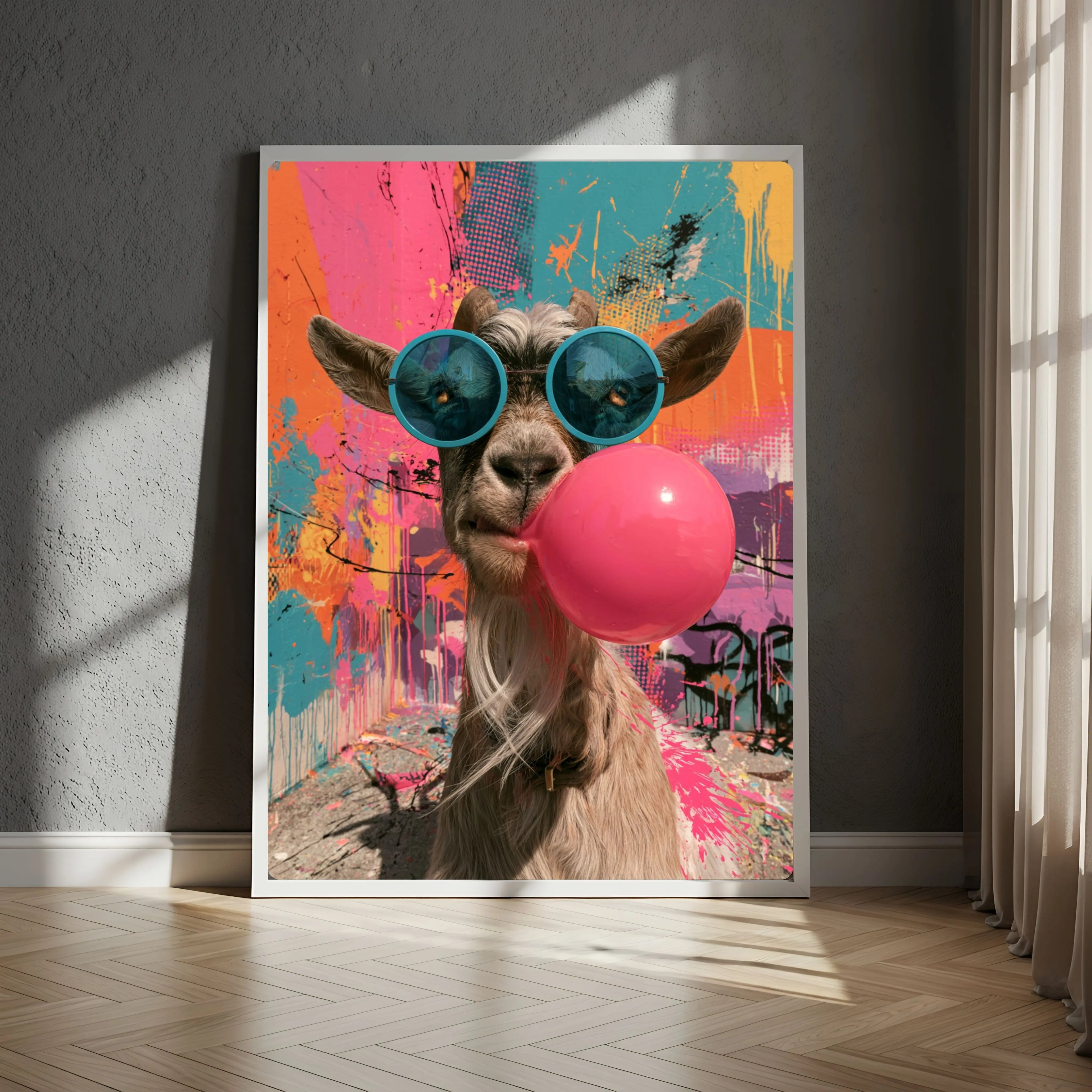 Affiche Métal Pop Art – Chèvre Lunettes Bleues & Bulle de Chewing-Gum A4