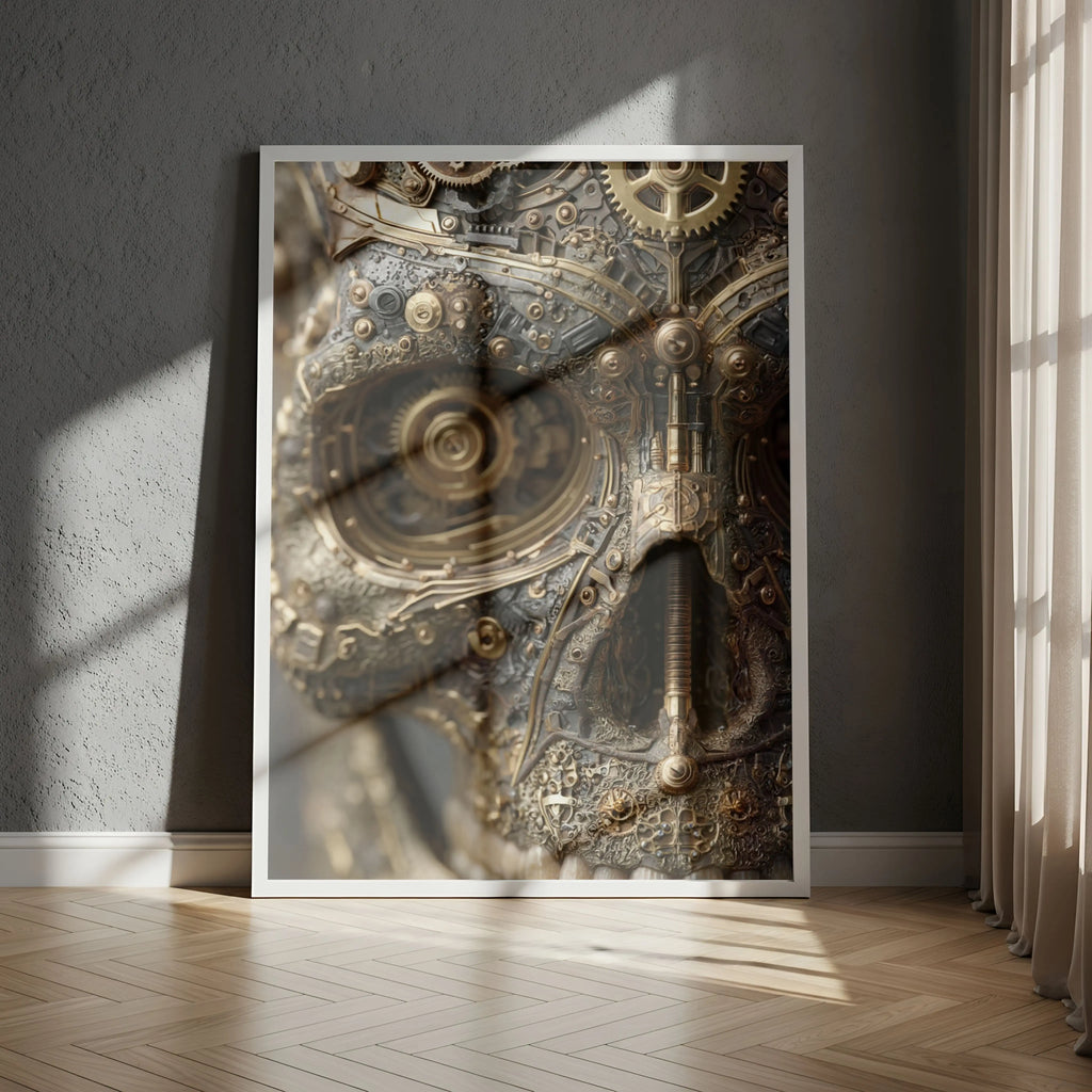 Affiche Métal Steampunk – Crâne Mécanique & Engrenages Dorés A4 Ploy'Art