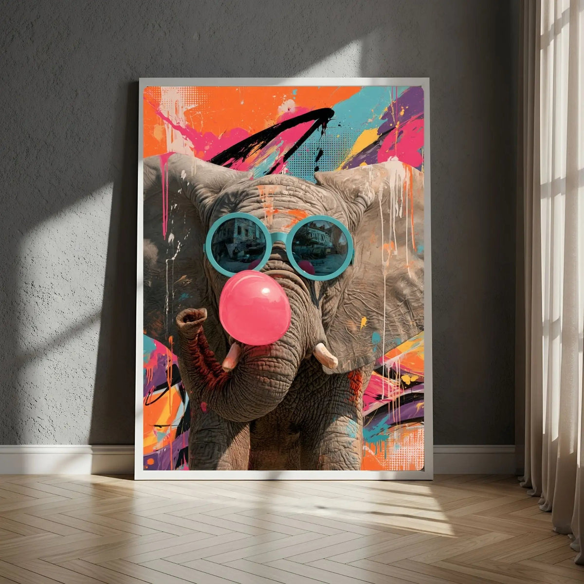 Affiche Métal Pop Art – Éléphant Lunettes Turquoise & Bulle Rose A4