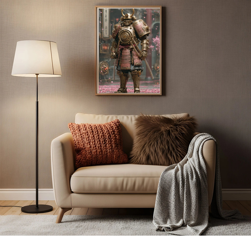 Affiche Métal Steampunk – Guerrier Doré & Temple Japonais A4 Ploy'Art