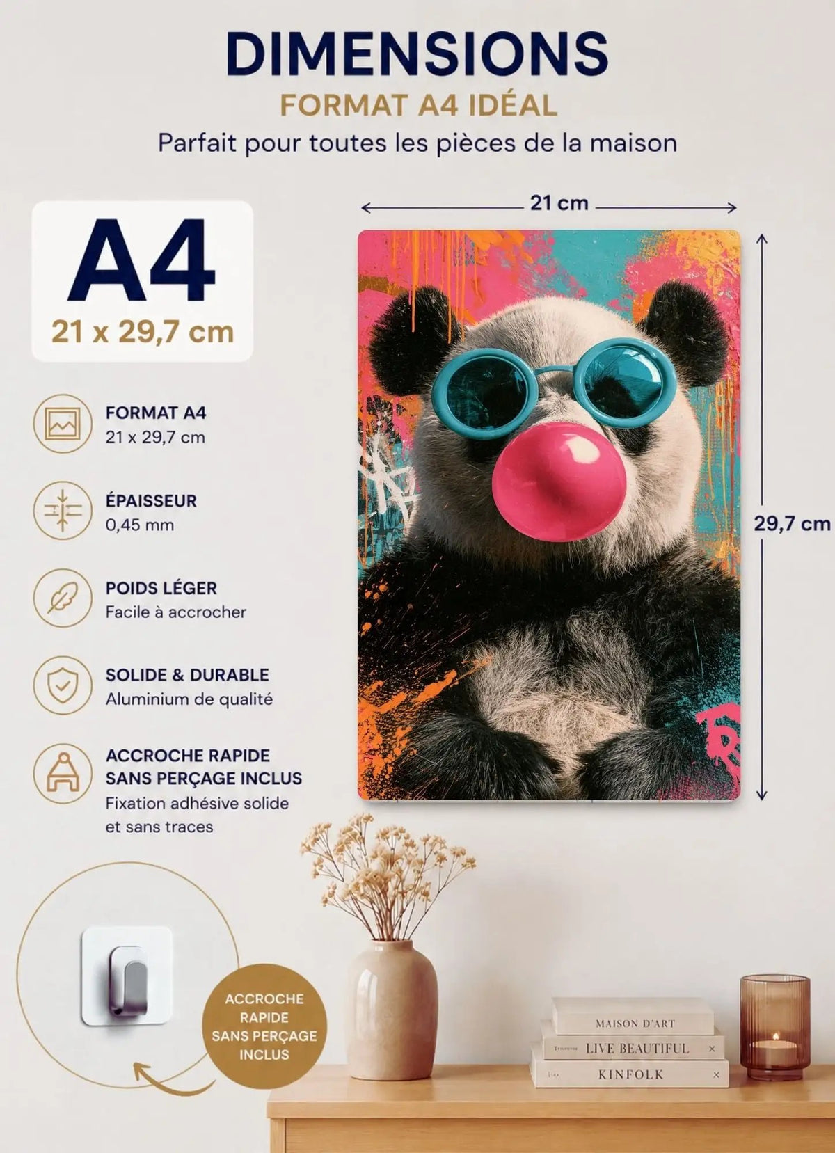 Affiche Métal Pop Art – Panda Lunettes Turquoise & Bulle Rose A4