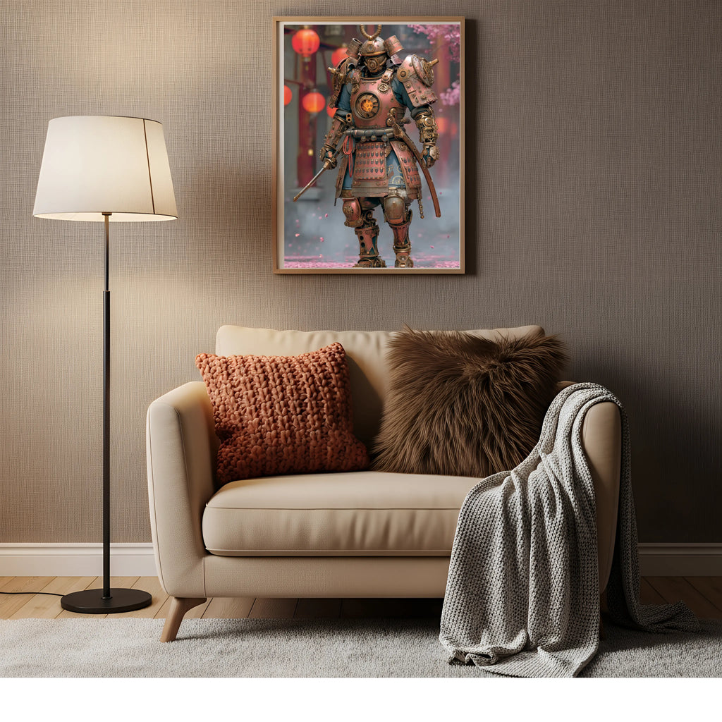 Affiche Métal Steampunk – Samouraï Mécanique & Cerisiers Japonais A4