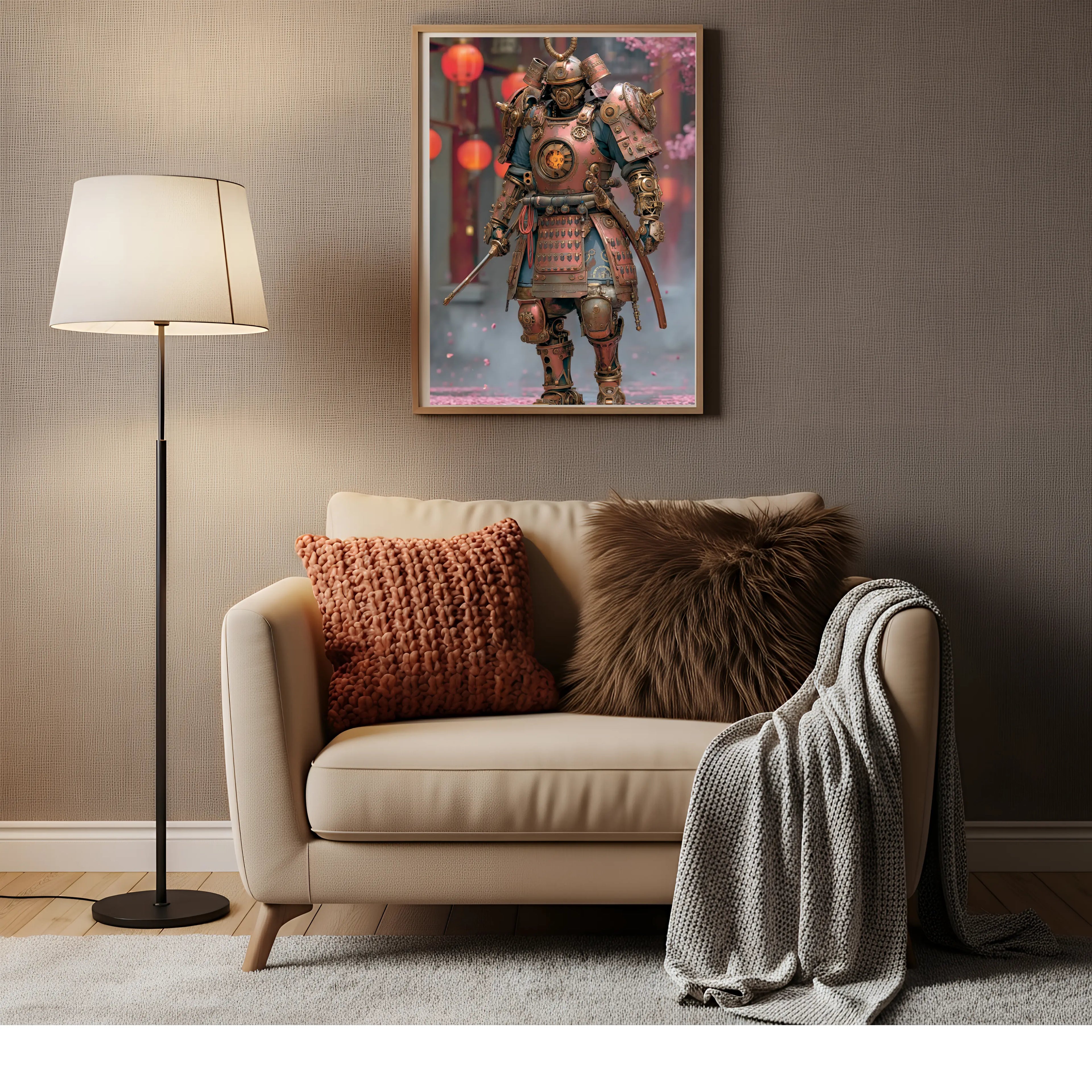 Affiche Métal Steampunk – Samouraï Mécanique & Cerisiers Japonais A4