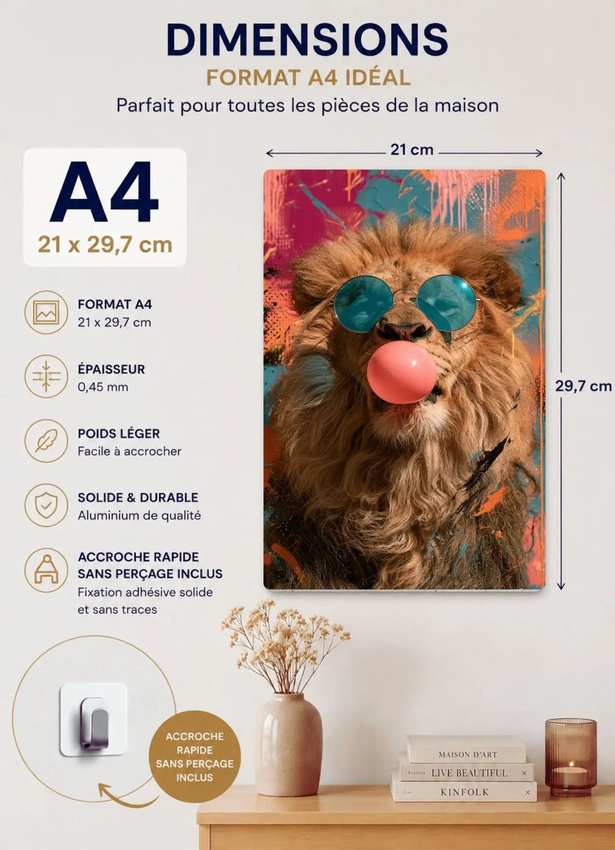 Affiche Métal Pop Art – Lion Lunettes Bleues & Bulle de Chewing-Gum A4
