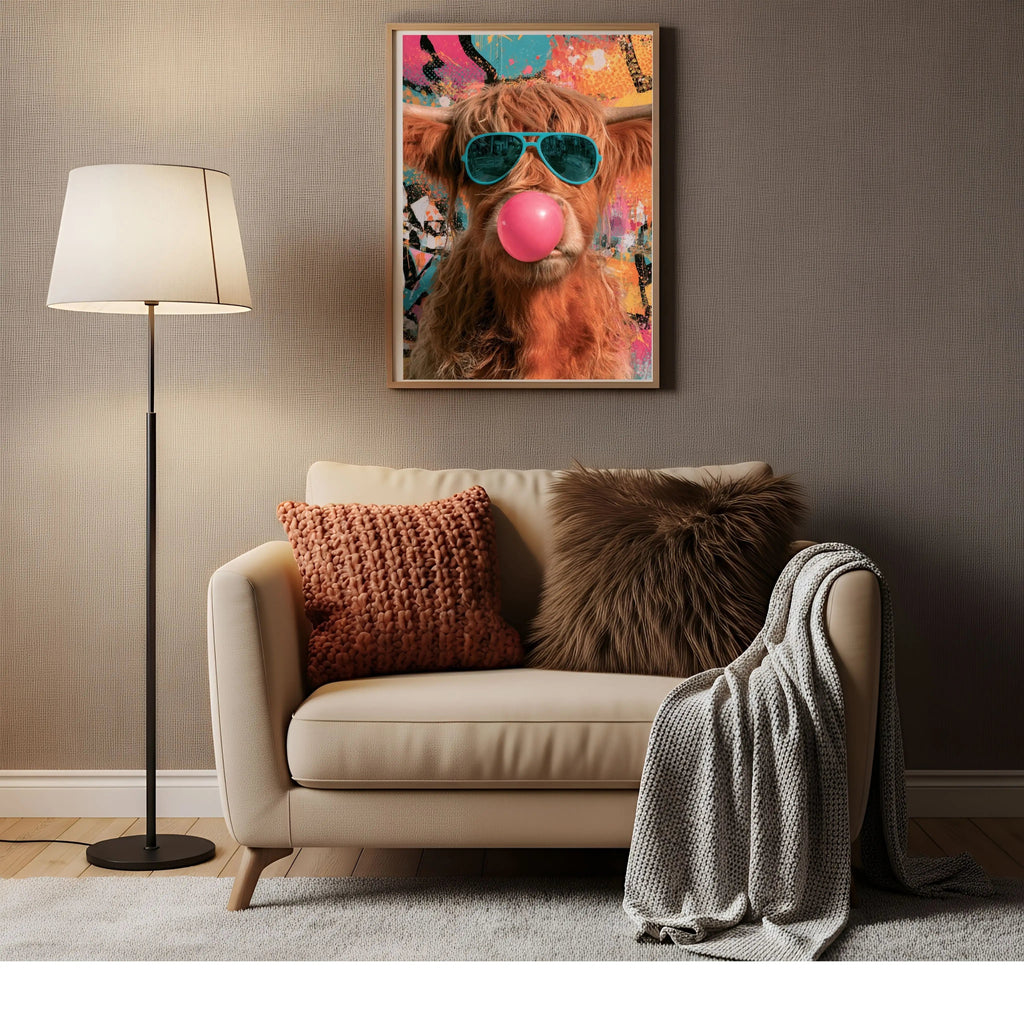 Affiche Métal Pop Art – Vache Highland Lunettes & Bulle de Chewing-Gum A4