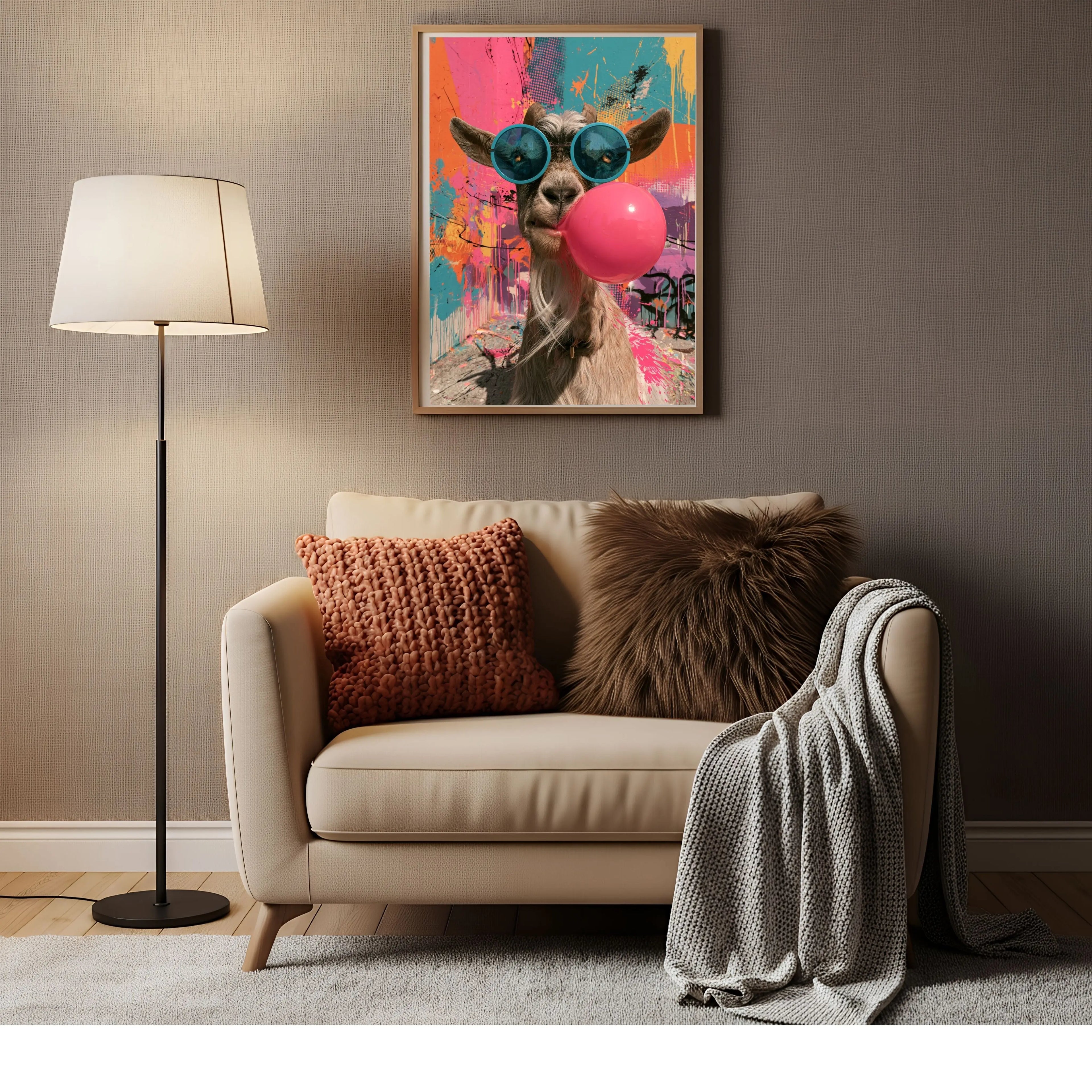 Affiche Métal Pop Art – Chèvre Lunettes Bleues & Bulle de Chewing-Gum A4
