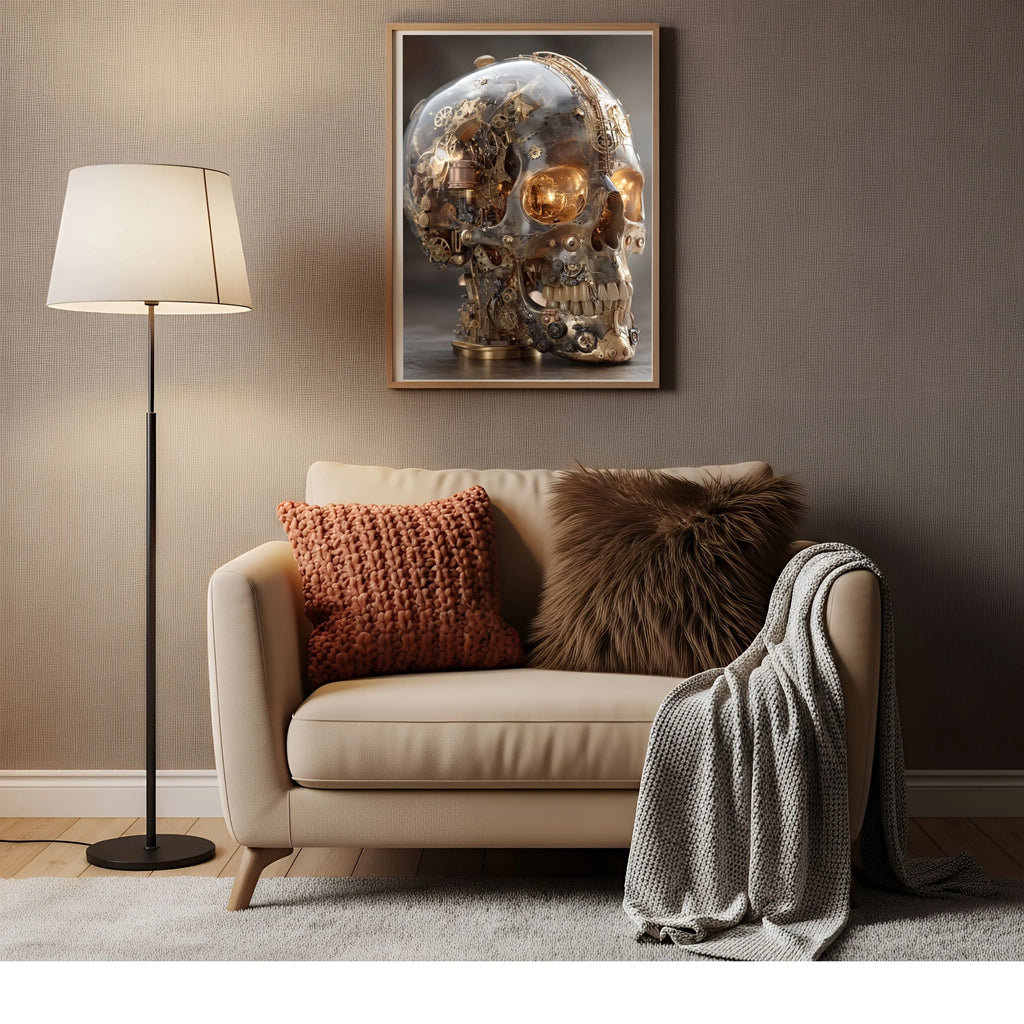 Affiche Métal Steampunk – Crâne Verre & Mécanique Intérieure A4 Ploy'Art