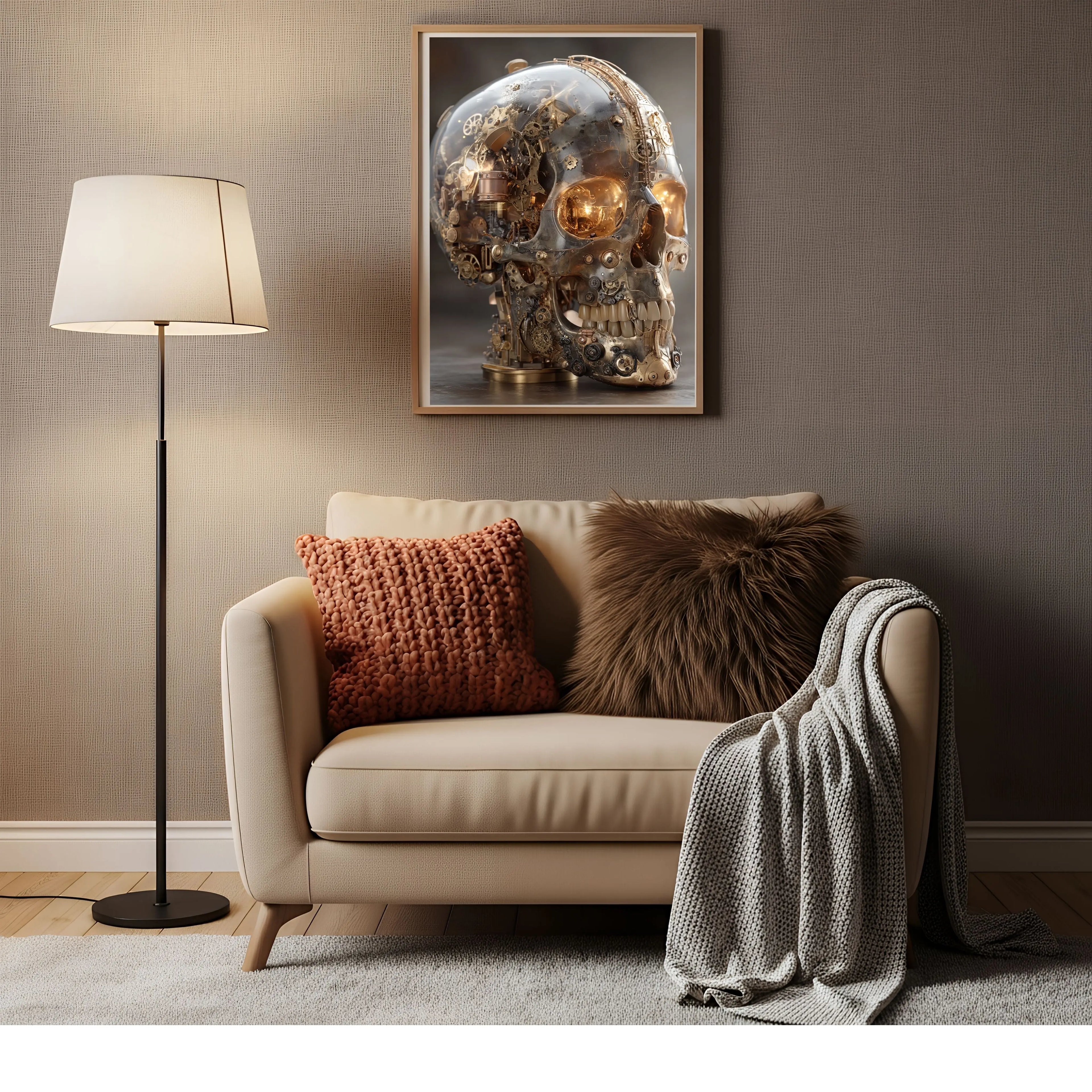 Affiche Métal Steampunk – Crâne Verre & Mécanique Intérieure A4 Ploy'Art