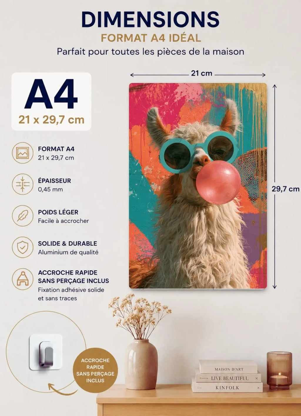 Affiche Métal Pop Art – Lama Lunettes Turquoise & Bulle de Chewing-Gum A4