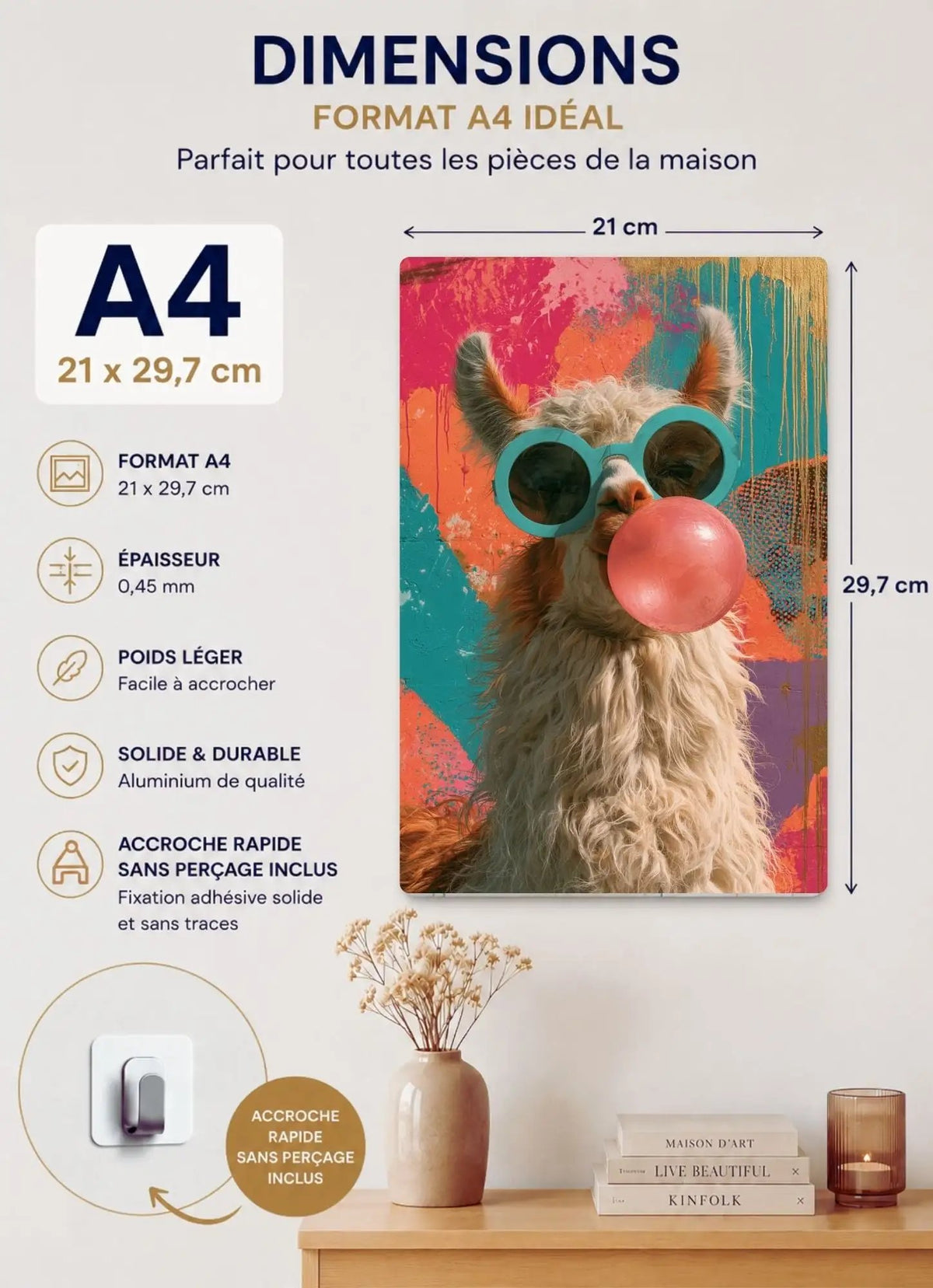 Affiche Métal Pop Art – Lama Lunettes Turquoise & Bulle de Chewing-Gum A4