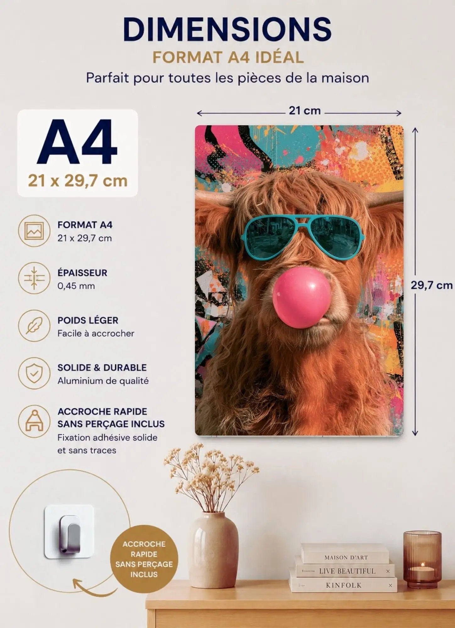 Affiche Métal Pop Art – Vache Highland Lunettes & Bulle de Chewing-Gum A4