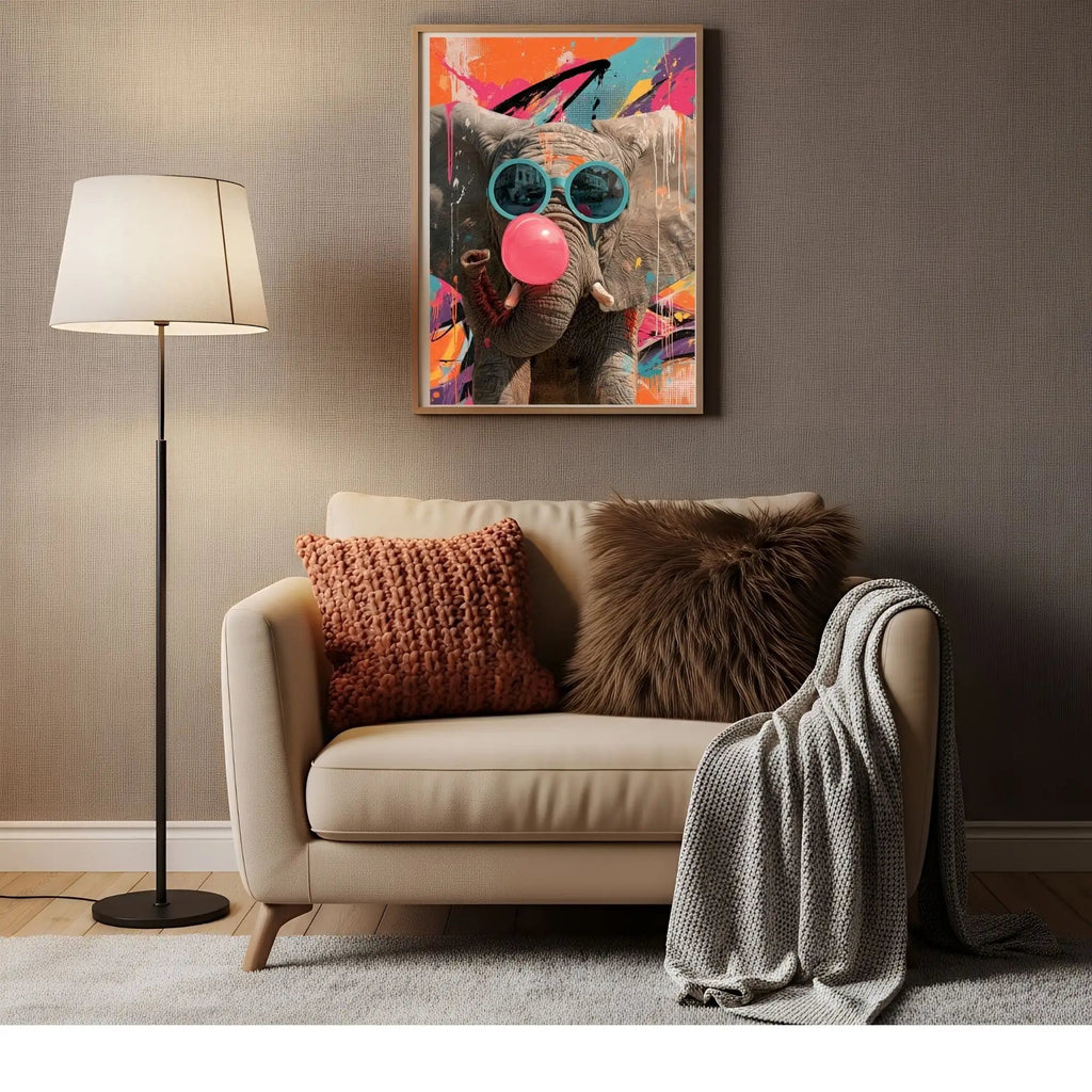 Affiche Métal Pop Art – Éléphant Lunettes Turquoise & Bulle Rose A4