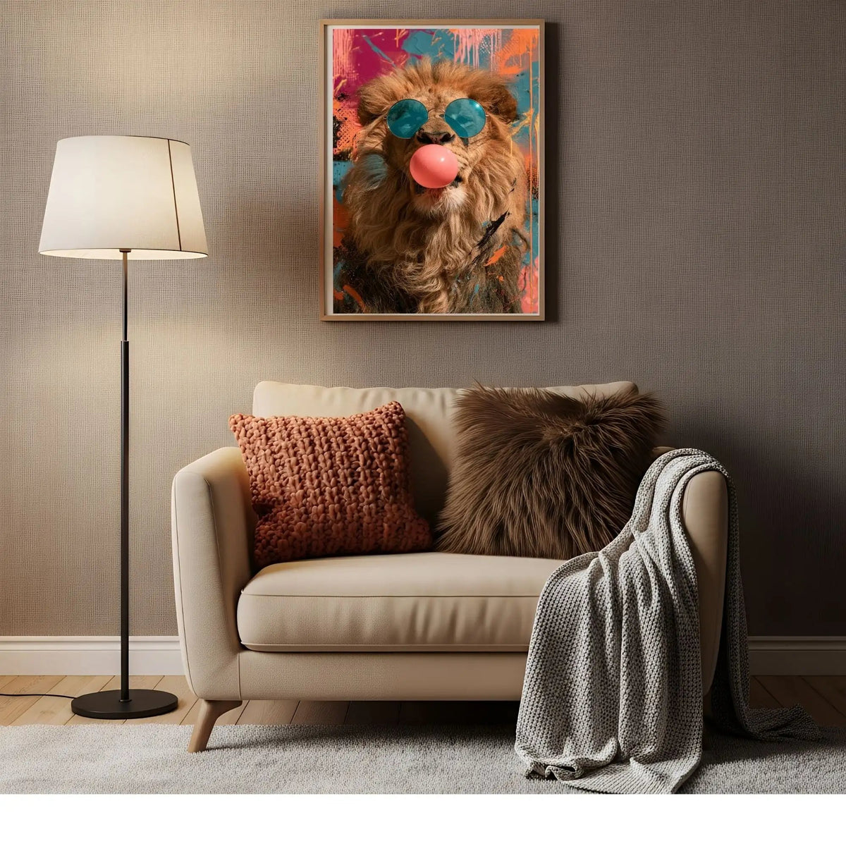 Affiche Métal Pop Art – Lion Lunettes Bleues & Bulle de Chewing-Gum A4