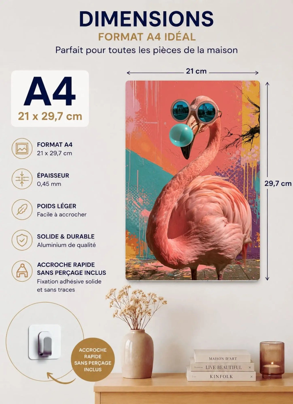 Affiche Métal Pop Art – Flamant Rose Lunettes & Bulle Turquoise A4