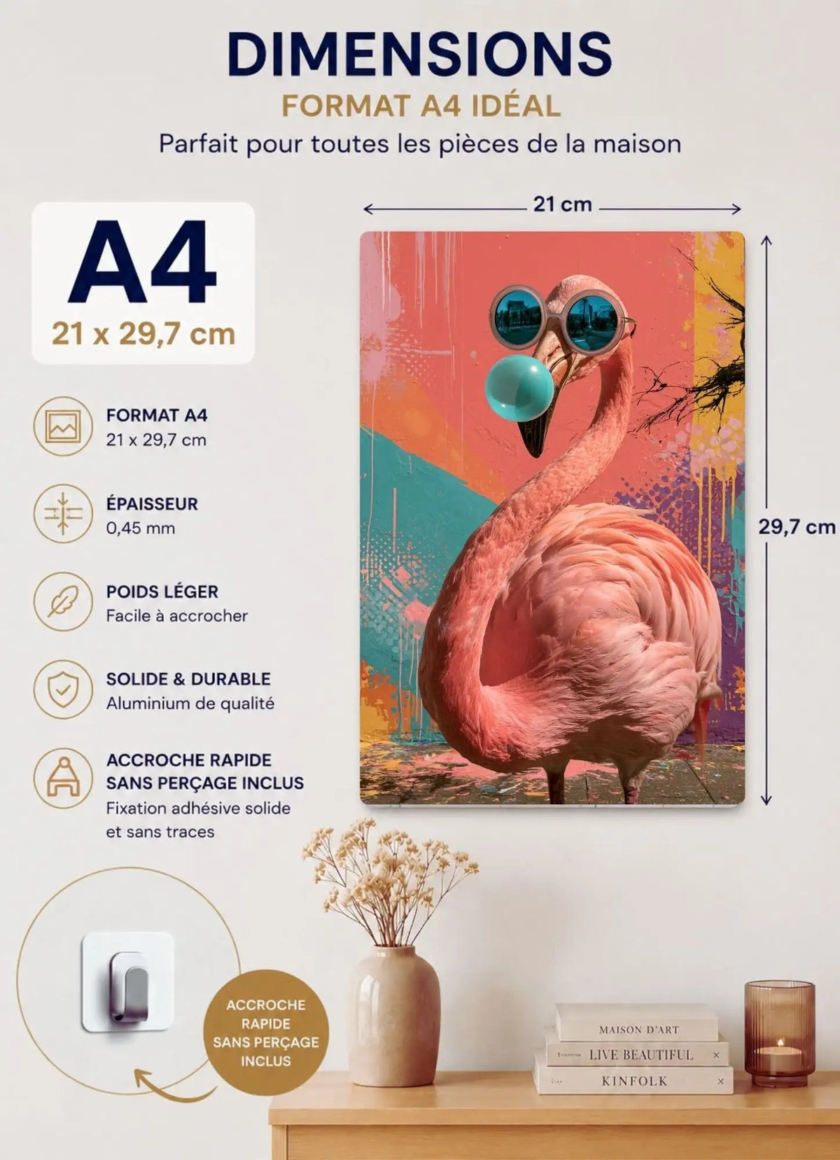 Affiche Métal Pop Art – Flamant Rose Lunettes & Bulle Turquoise A4