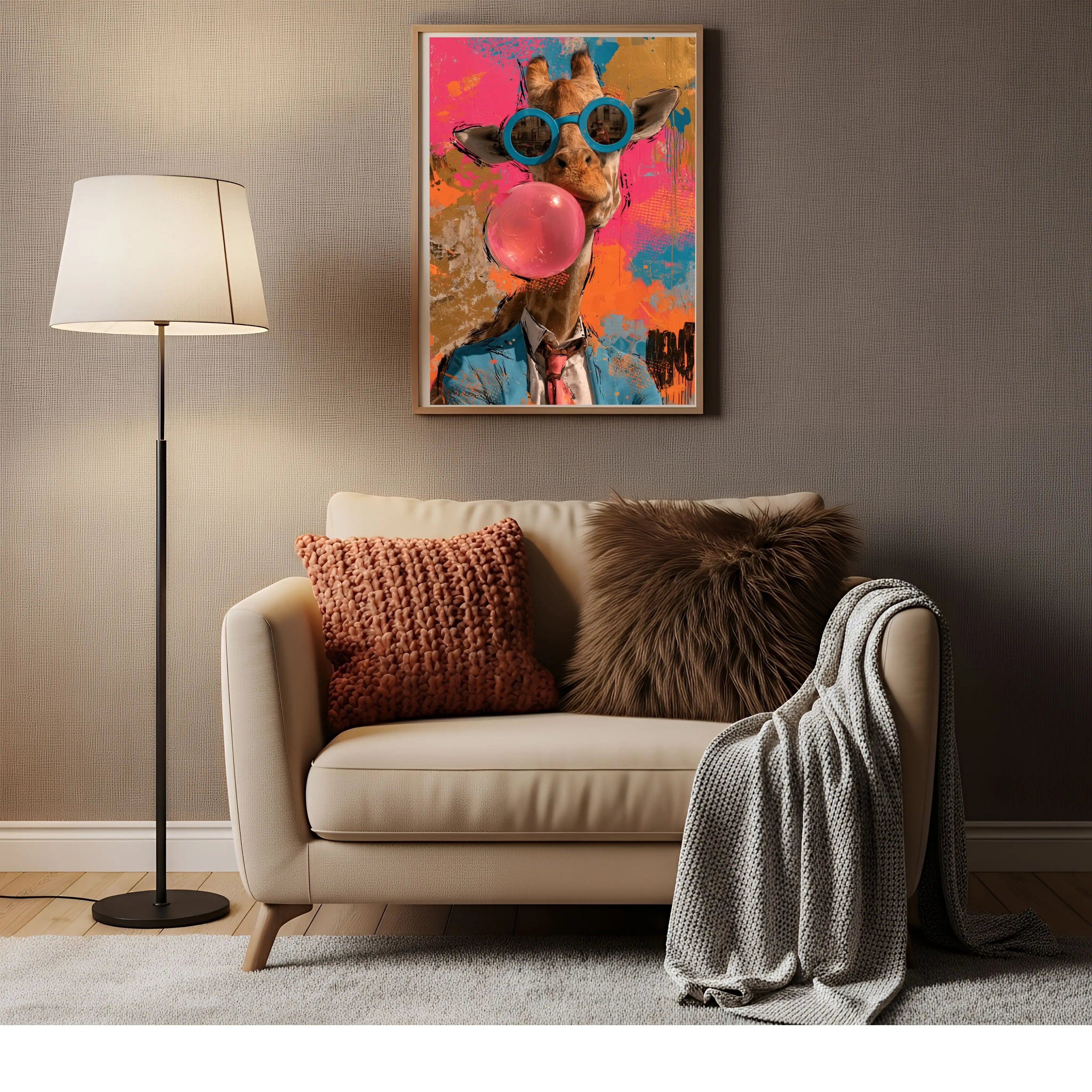 Affiche Métal Pop Art – Girafe Costume Bleu & Bulle de Chewing-Gum A4