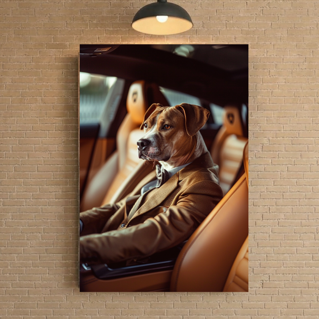 Plaque Métal Chien en Costume dans une Lamborghini - Décoration Murale Humour