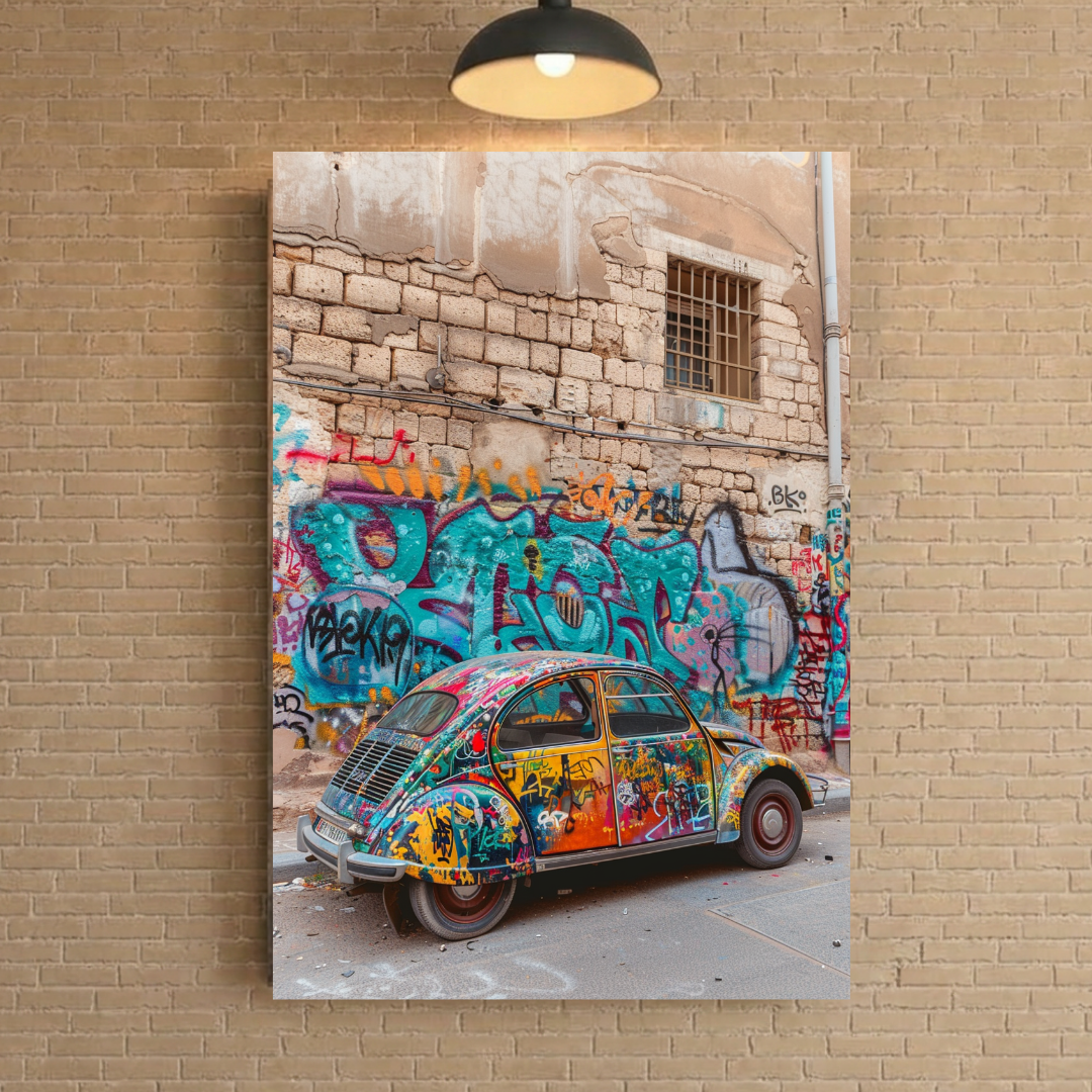 Affiche Métal Voiture Vintage Graffiti – Street Art Français A4