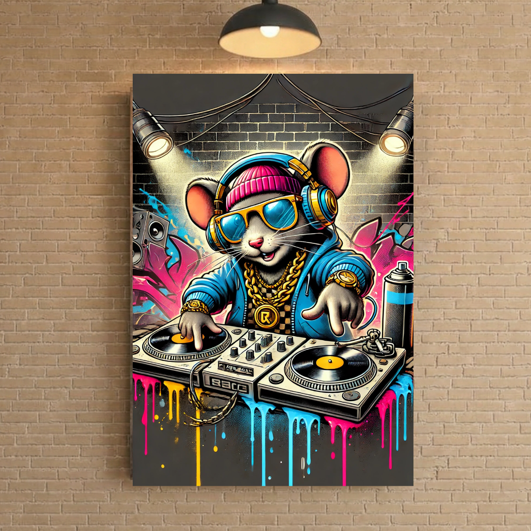 Affiche Métal Souris DJ – Street Art Hip-Hop Décoration Murale A4