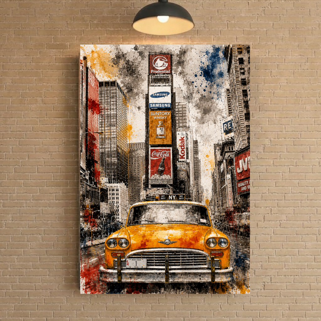 Affiche Métal Taxi New York – Times Square Style Aquarelle A4