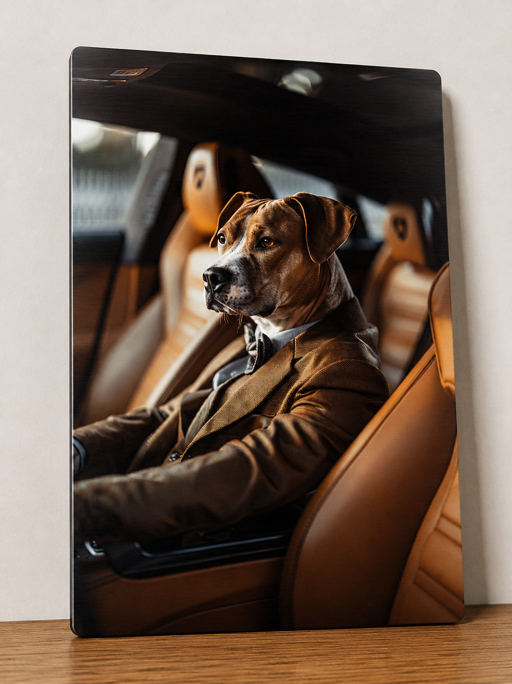 Plaque Métal Chien en Costume dans une Lamborghini - Décoration Murale Humour