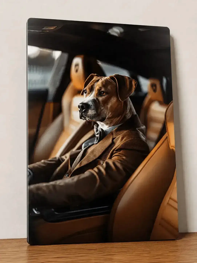 Plaque Métal Chien en Costume dans une Lamborghini - Décoration Humour