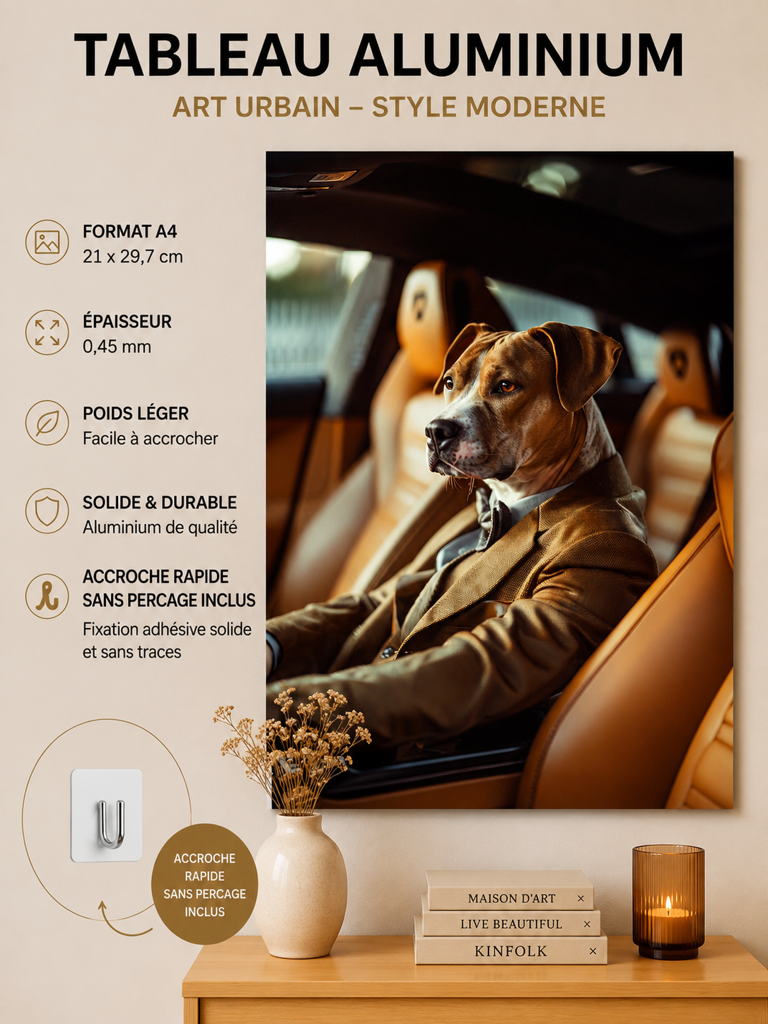Plaque Métal Chien en Costume dans une Lamborghini - Décoration Murale Humour