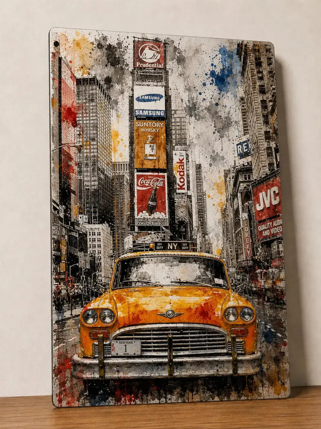 Affiche Métal Taxi New York – Times Square Style Aquarelle A4