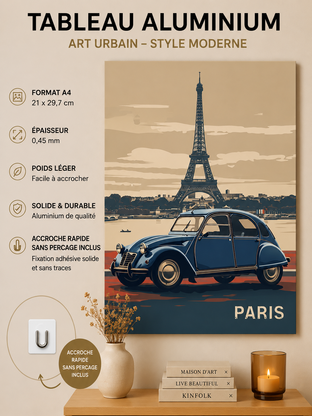 Affiche Métal Paris – Voiture Vintage & Tour Eiffel Style Affiche Voyage A4