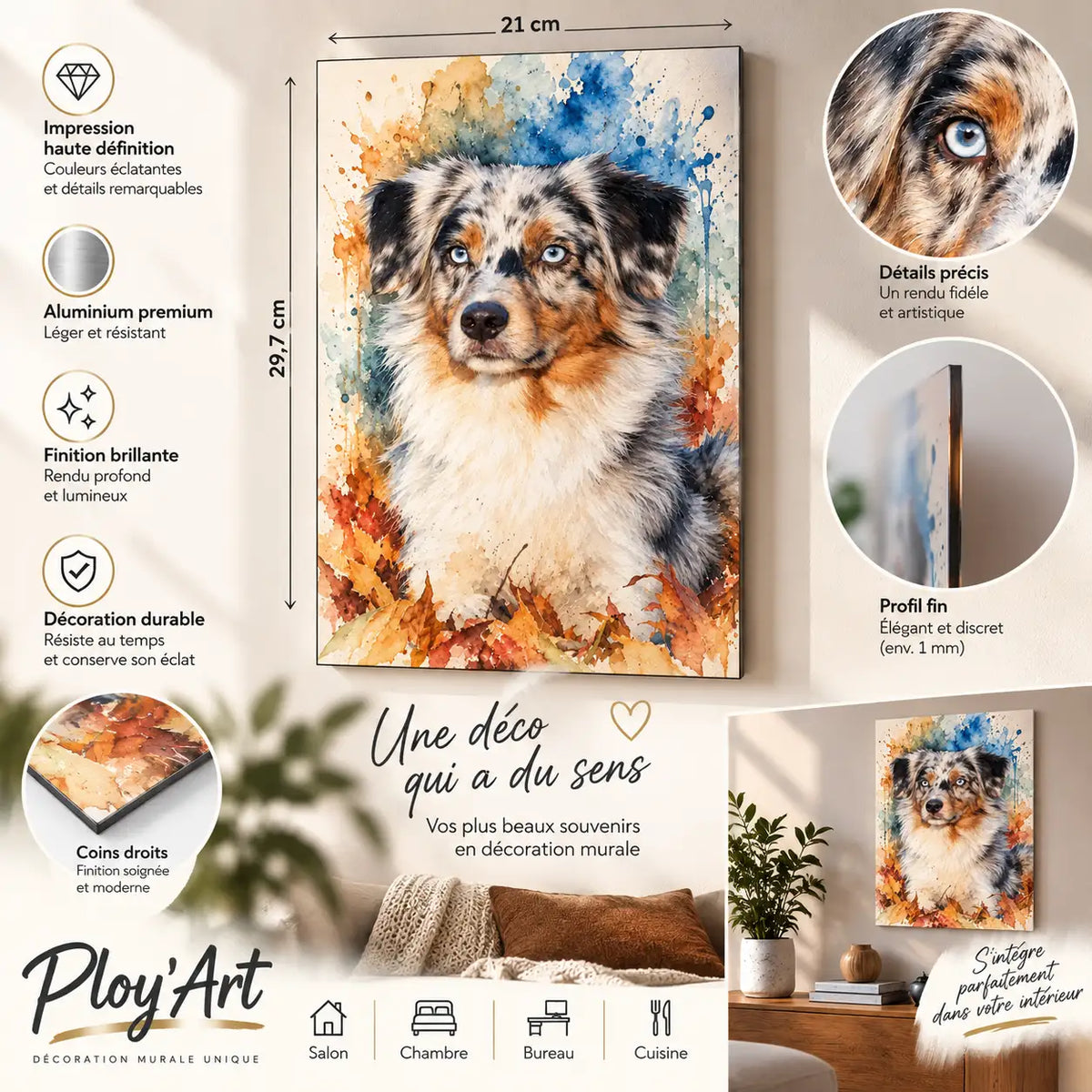Portrait Animal & Aquarelle Personnalisé – Plaque Métal A4 à partir de votre Photo