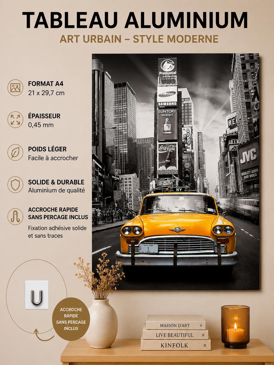 Affiche Métal Taxi New York – Times Square Style Aquarelle A4